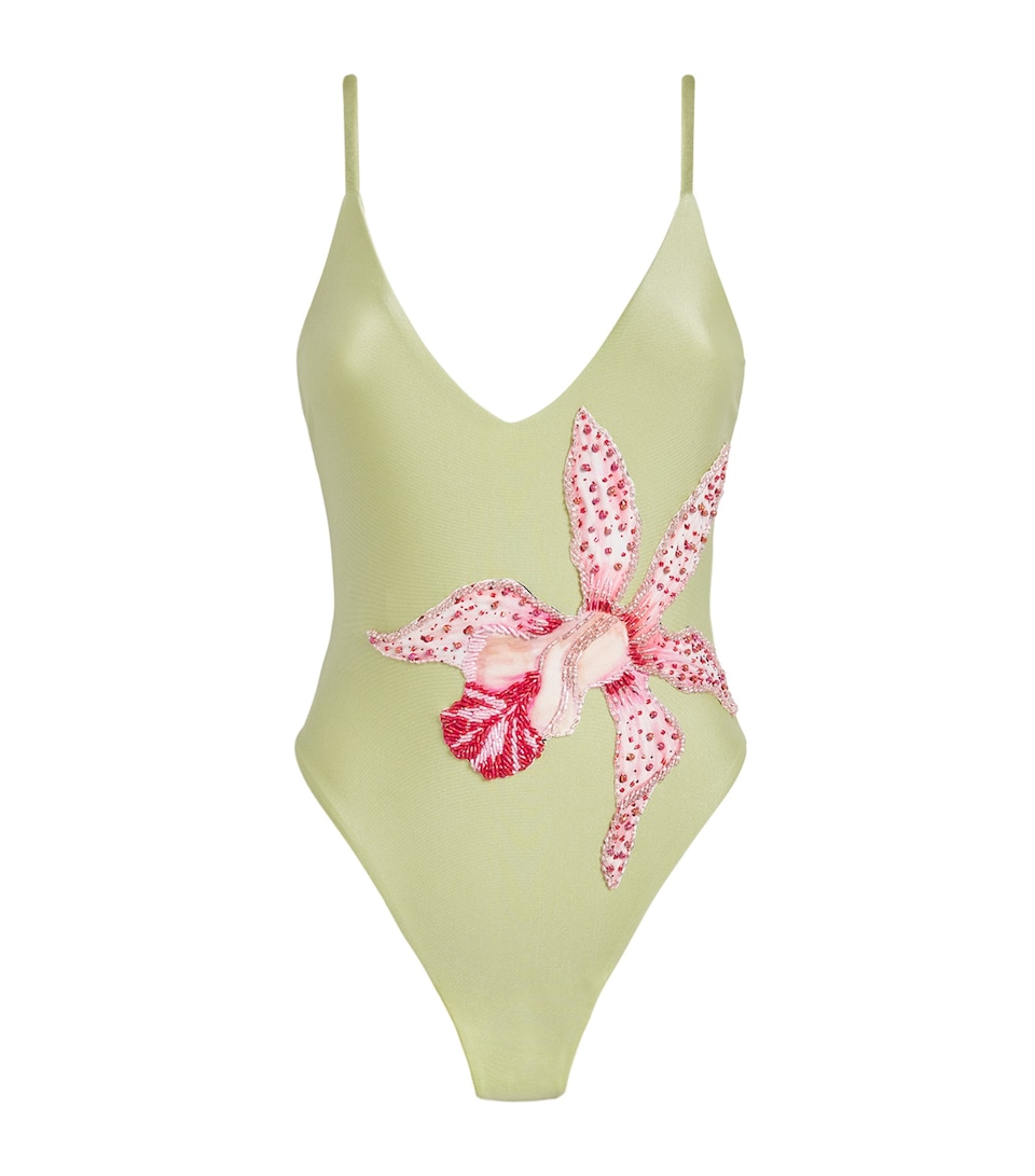 PatBO Womens Beaded Orchid Swimsuit Green