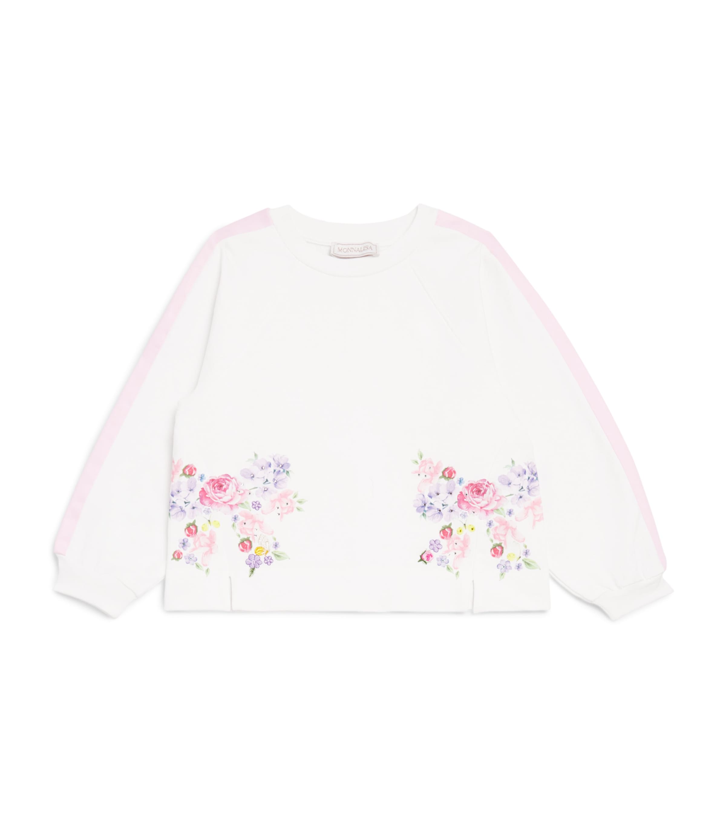 Monnalisa Stretch-Cotton Floral Print Sweatshirt (2-12 Years) White+fairytale Pink