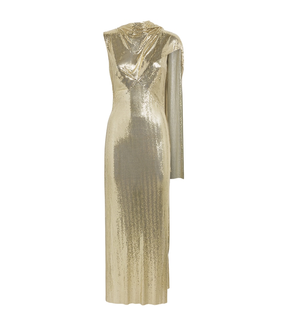 Rabanne Womens Chainmail Cape-Detail Gown Light Gold