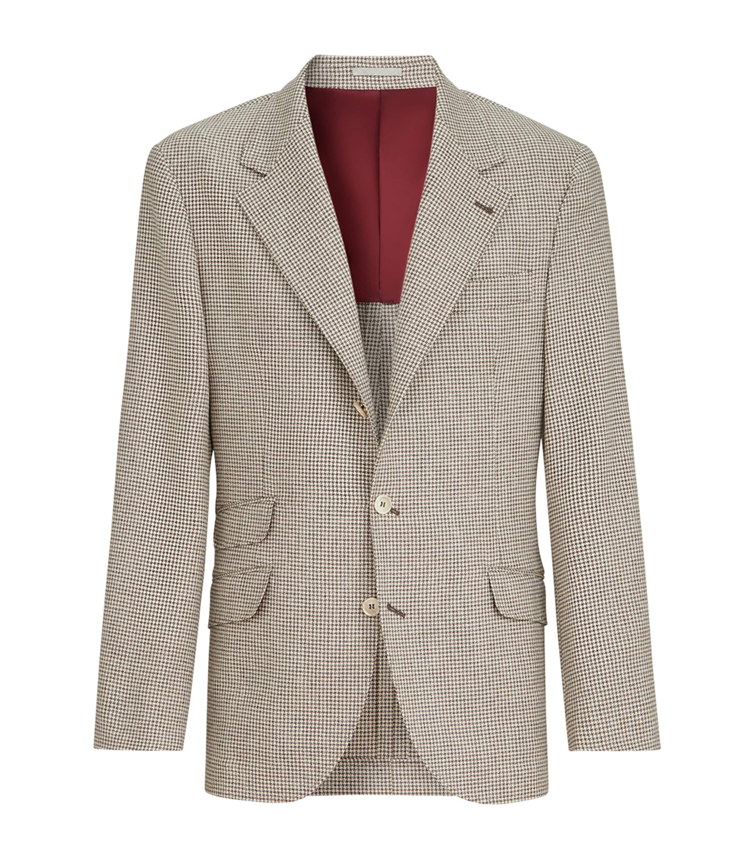 Brunello Cucinelli Mens Wool-Silk Houndstooth Deconstructed Cavallo Blazer