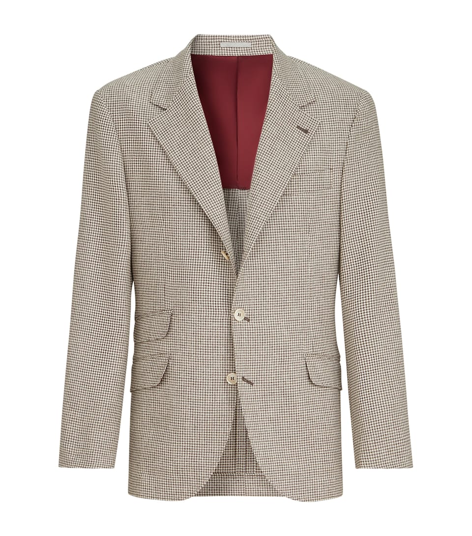 Brunello Cucinelli Mens Wool-Silk Houndstooth Deconstructed Cavallo Blazer