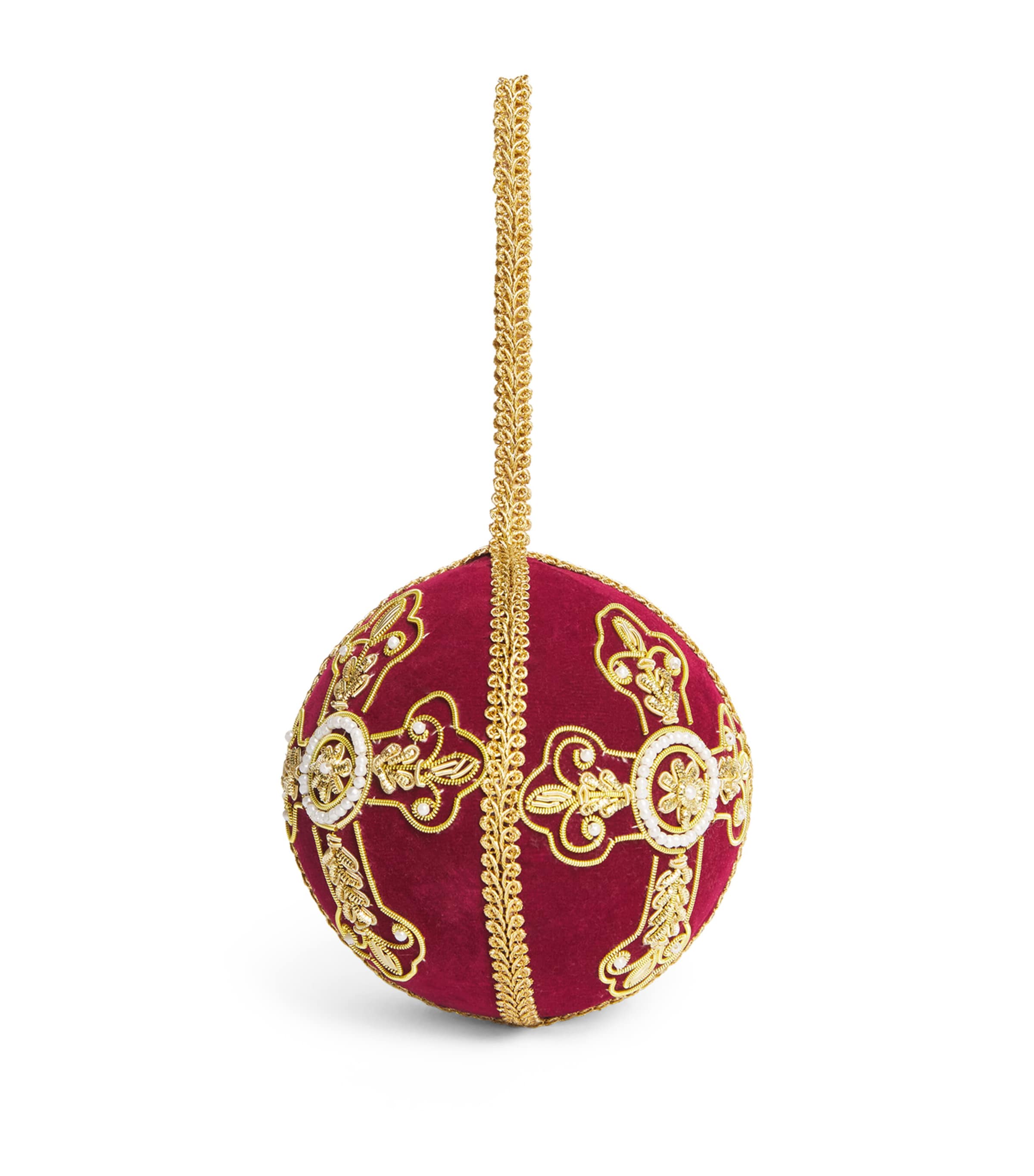 Harrods Velvet Embellished-Cross Bauble Burgundy/gold
