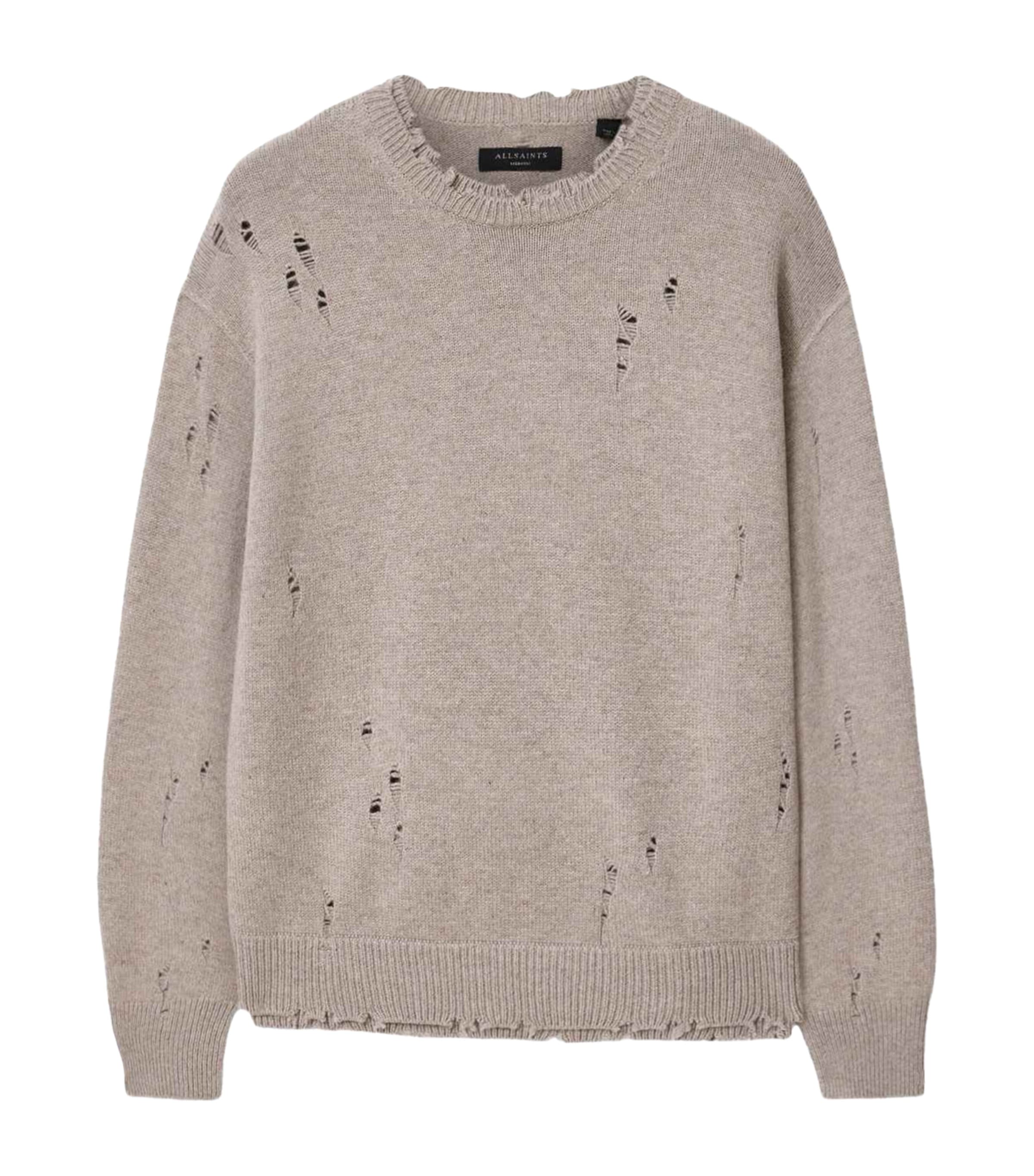 AllSaints Mens Cotton Distressed Wolf Sweater Fawn Brown
