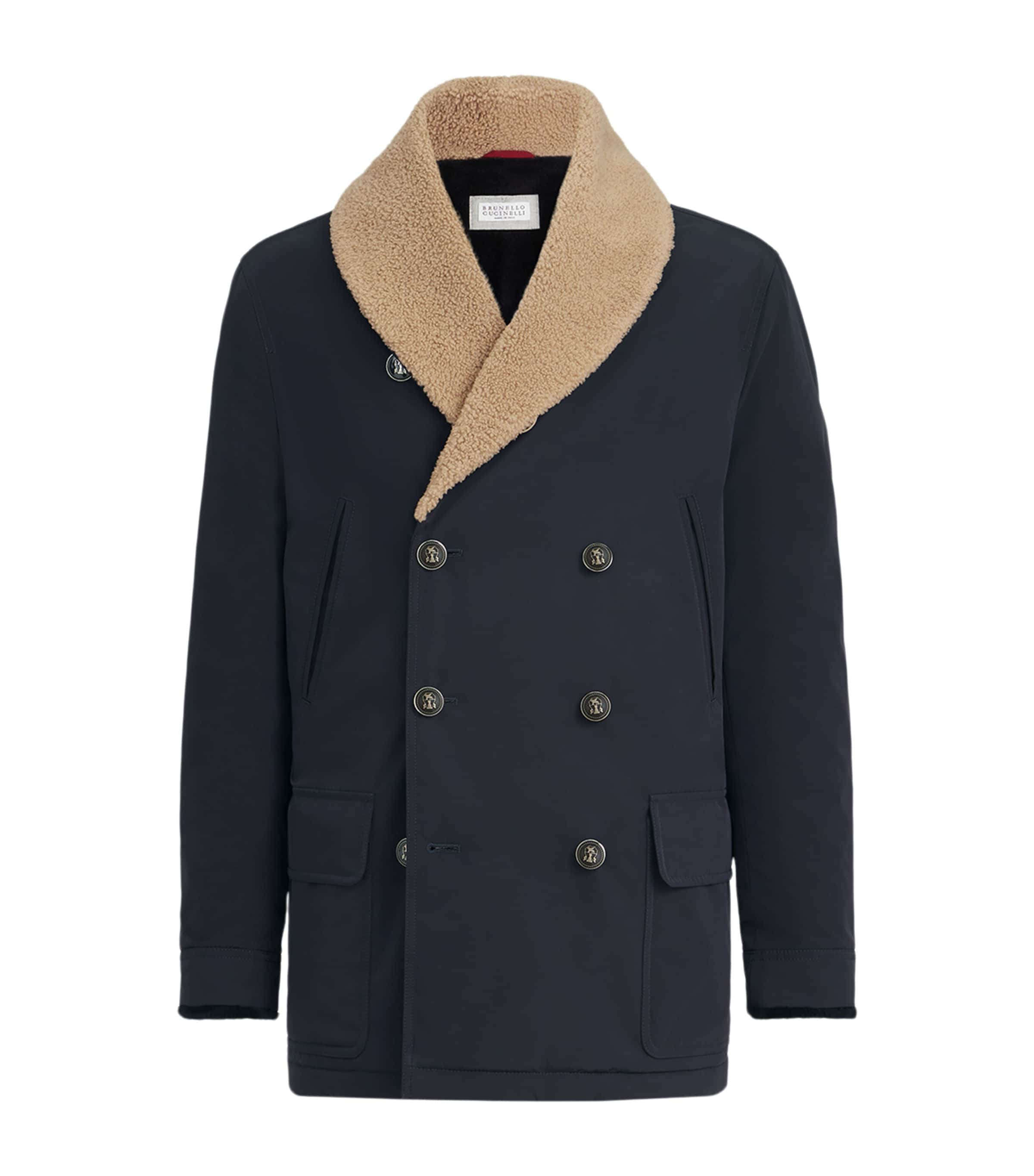 Brunello Cucinelli Mens Shearling-Trim Water-Resistant Overcoat