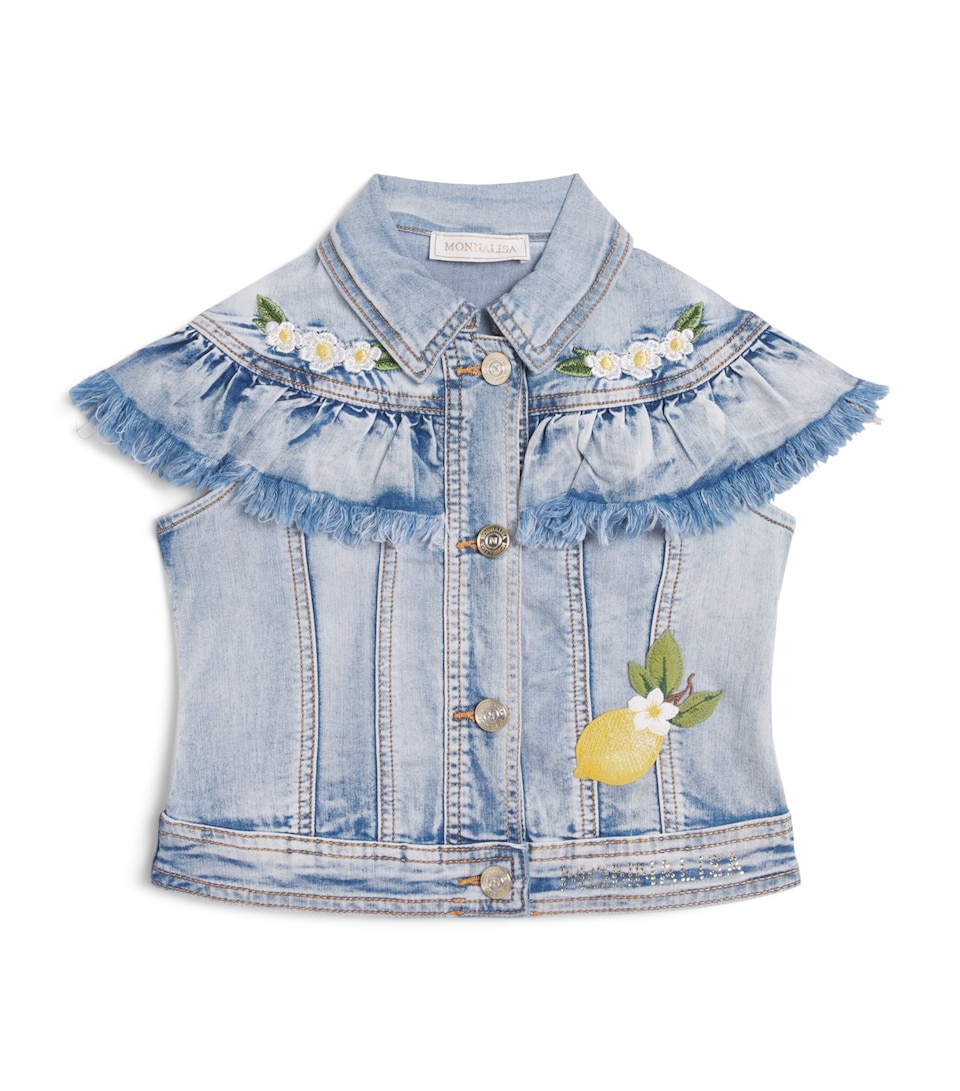 Monnalisa Lemon-Embroidered Sleeveless Denim Jacket (2-12 Years) Stone Bleach