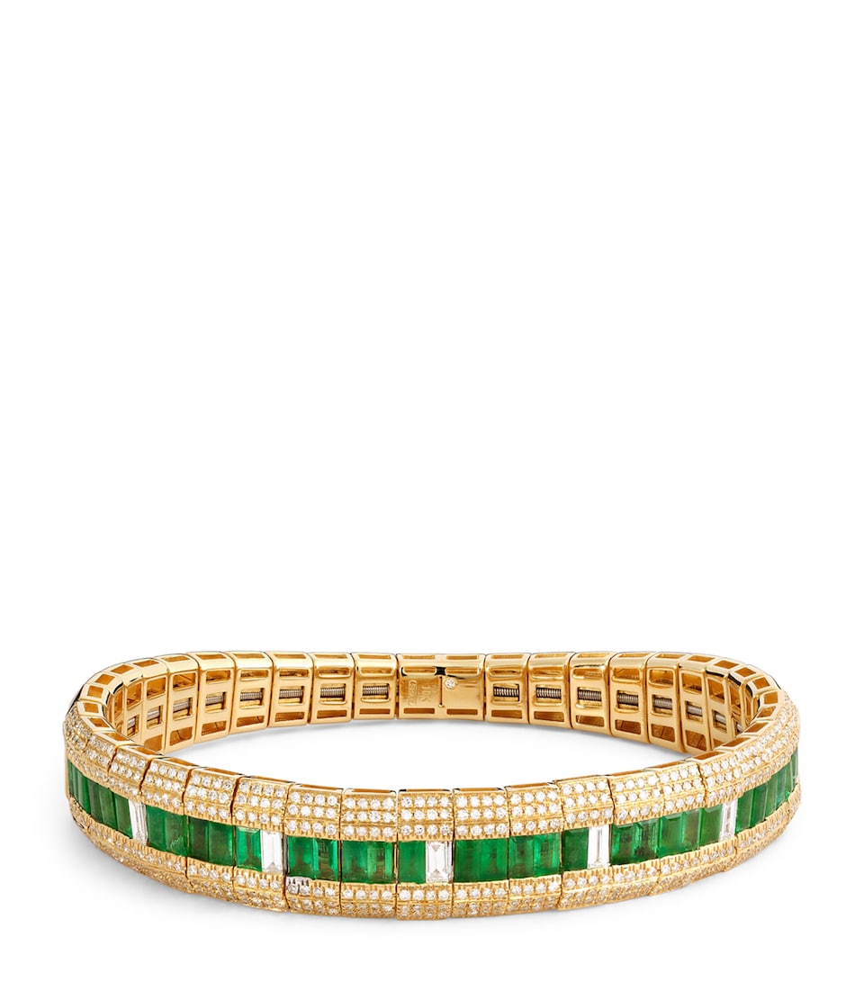 Yellow Gold, Diamond and Emerald Stretch Bracelet