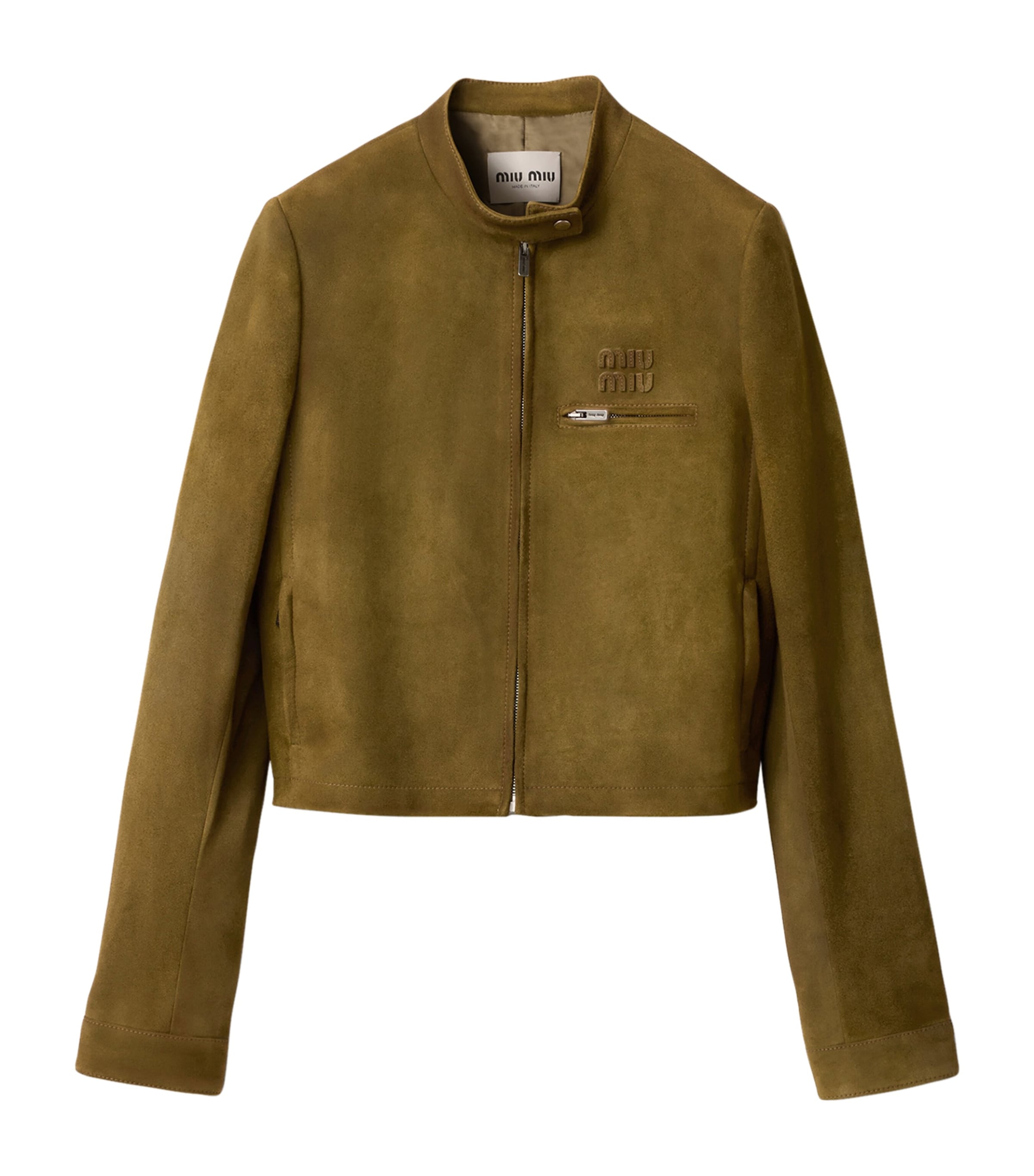 Miu Miu Womens Waxed Suede Moto Jacket Green