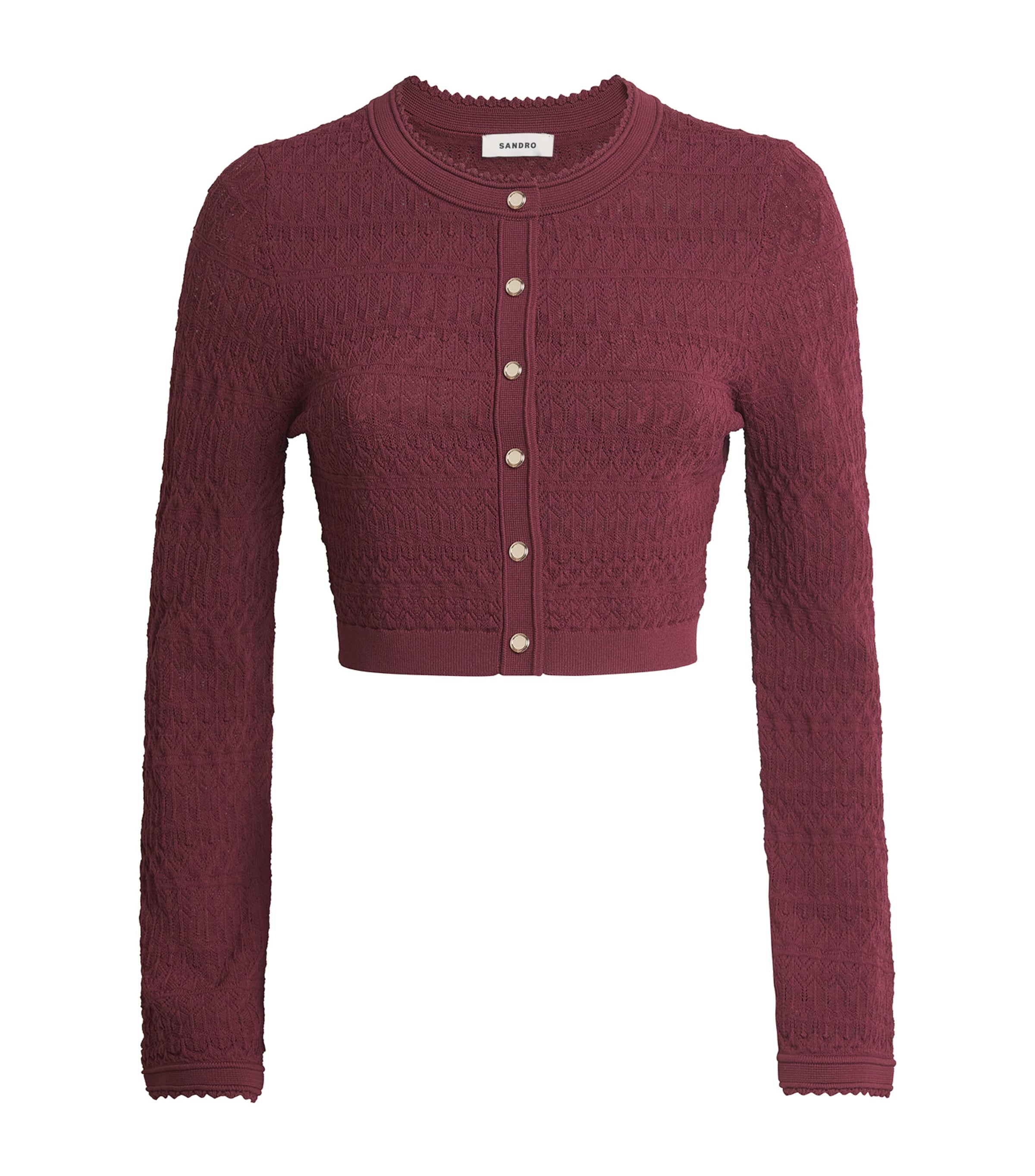 Sandro Paris Womens Pointelle Knit Cropped Cardigan Bordeaux