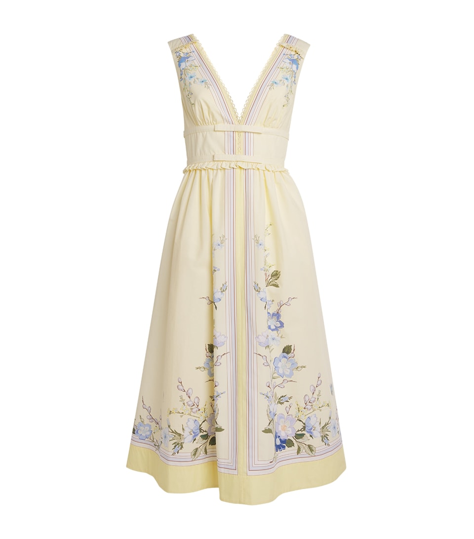 Self-Portrait Womens Cotton Floral V-Neck Midi Dress Yellow