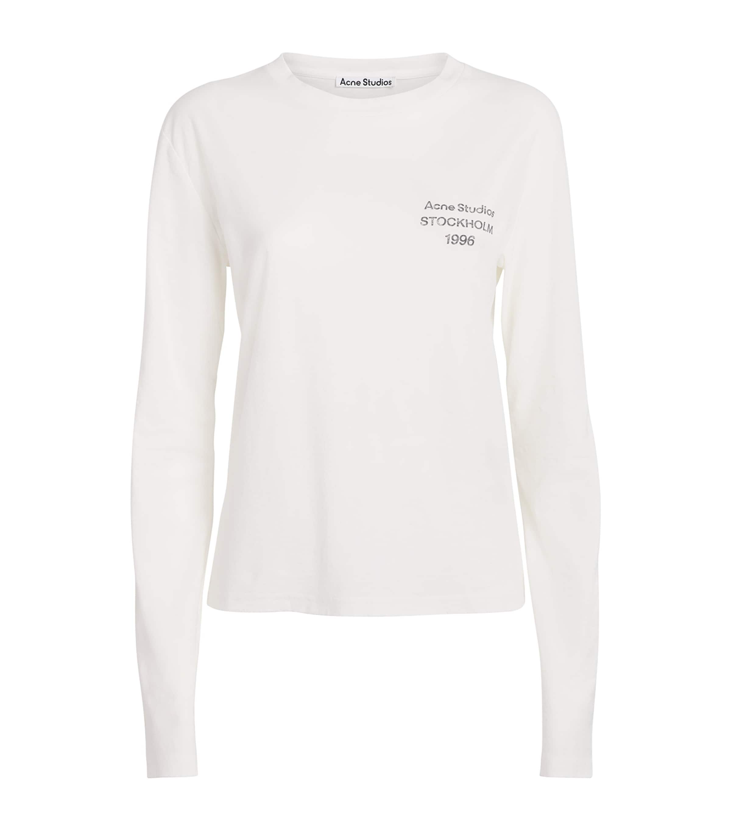 Acne Studios Womens Distressed Logo Long-Sleeve T-Shirt Off White
