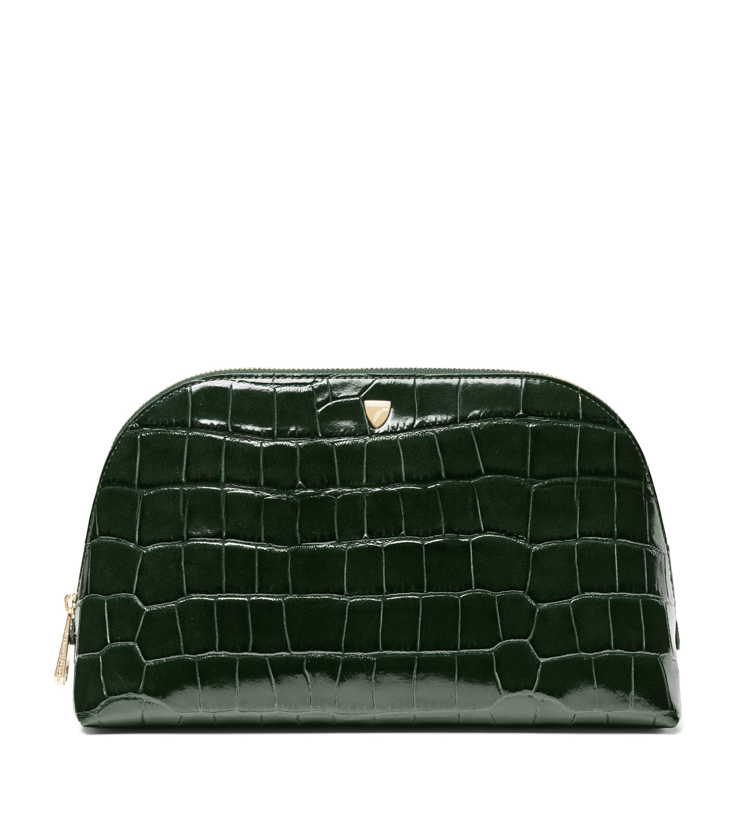 Aspinal Of London Large Leather Croc-Embossed Cosmetic Case Evergreen