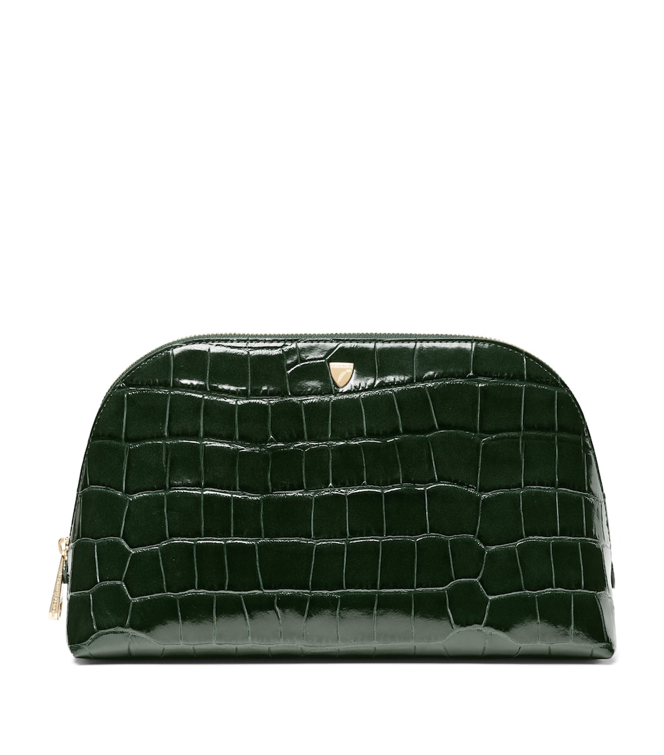 Aspinal Of London Large Leather Croc-Embossed Cosmetic Case Evergreen