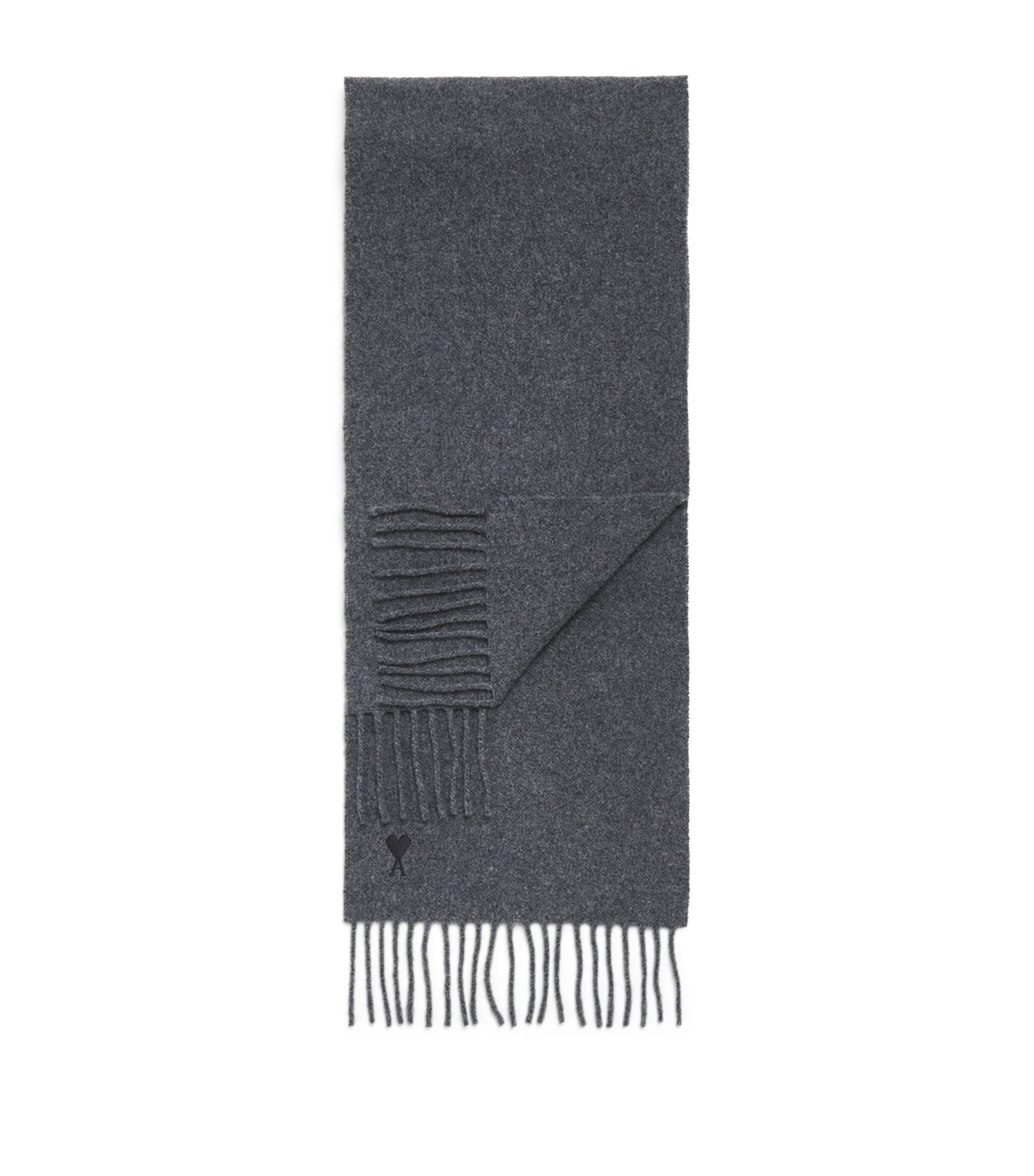 AMI Paris Wool Ami de Coeur Fringed Scarf Gris Carbone