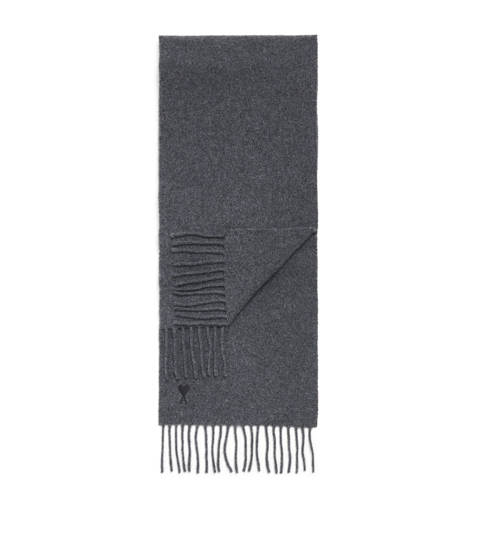 AMI Paris Wool Ami de Coeur Fringed Scarf Gris Carbone