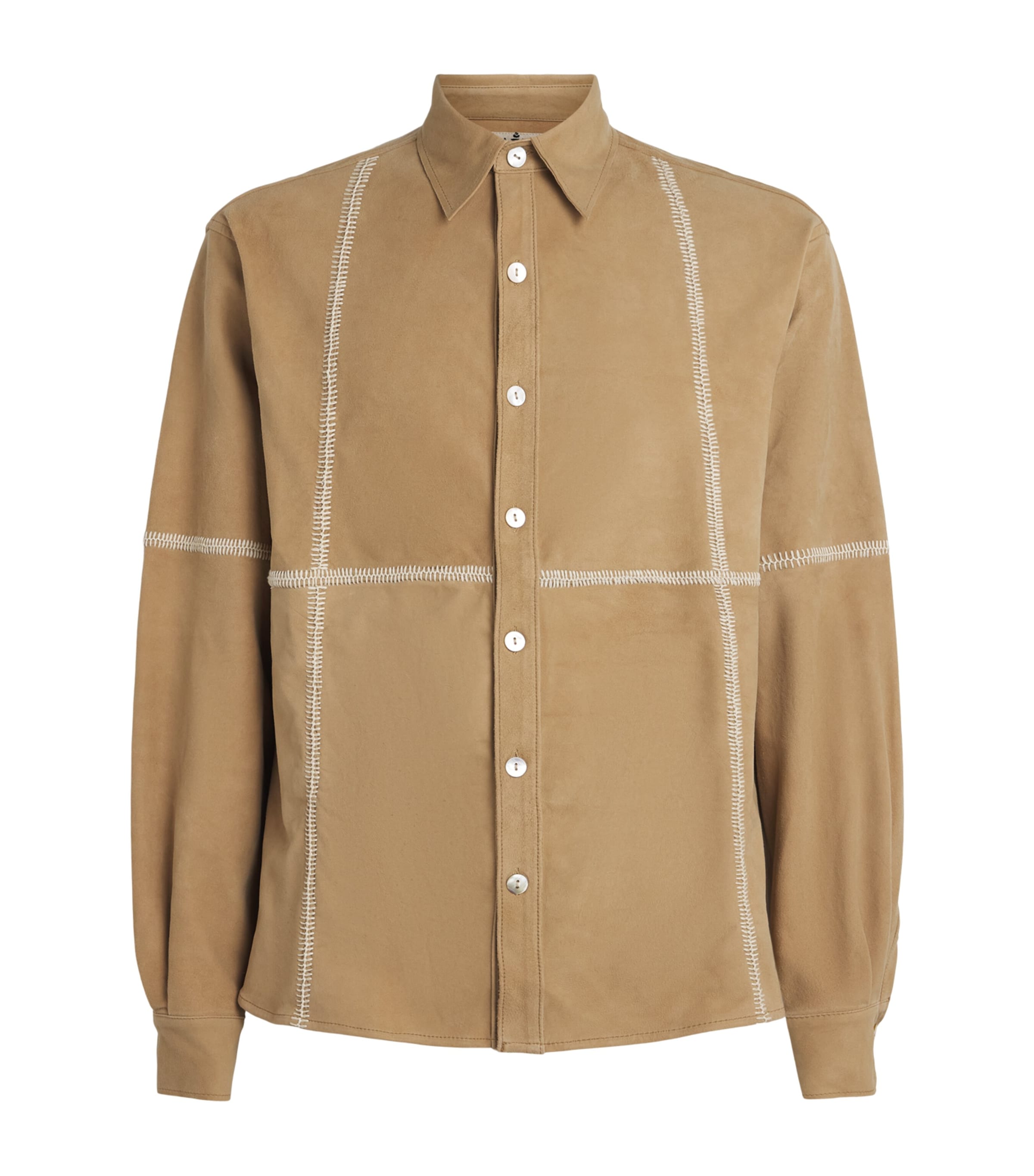Kartik Research Mens Suede Contrast-Stitch Shirt Beige
