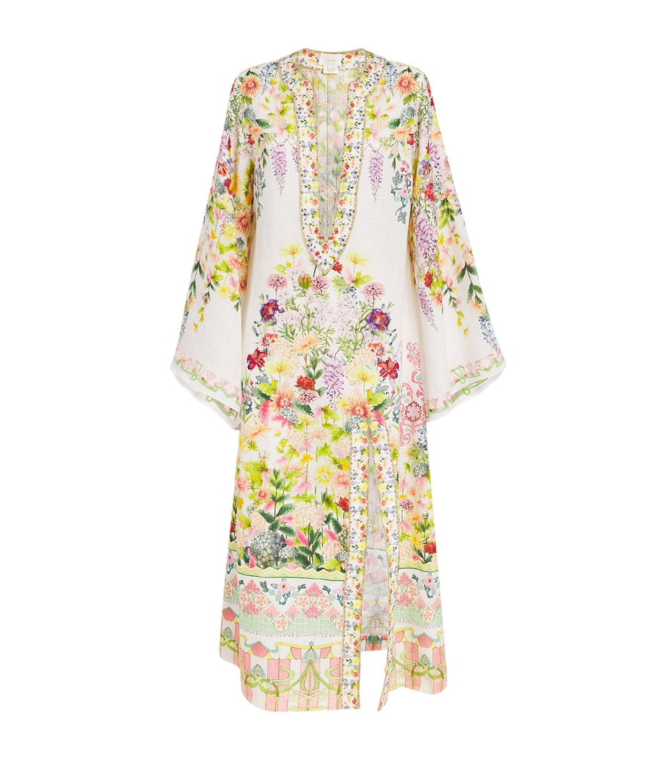 Linen Floral Midi Kaftan Dress