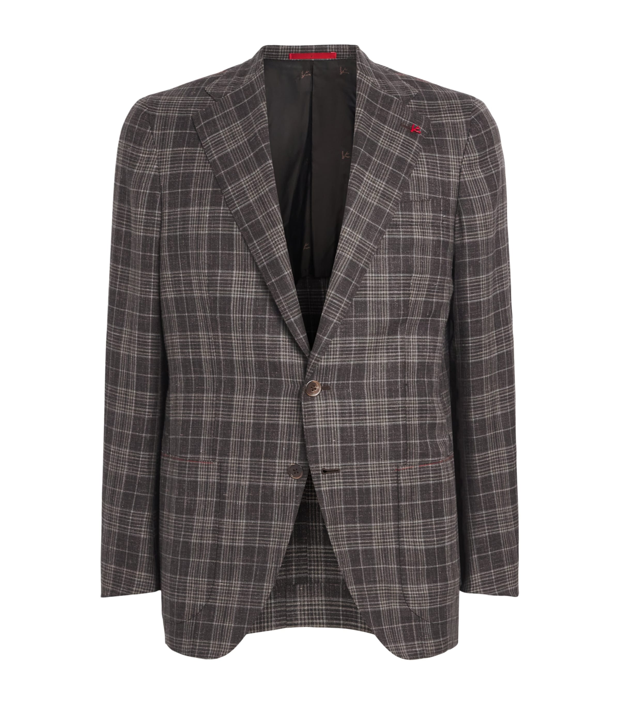 Isaia Mens Wool-Cashmere-Silk-Linen Check Blazer