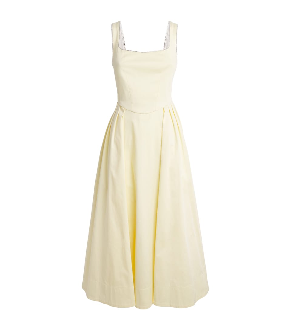 Maje Womens Stretch-Cotton Rhinestone-Trim Midi Dress Pale Yellow