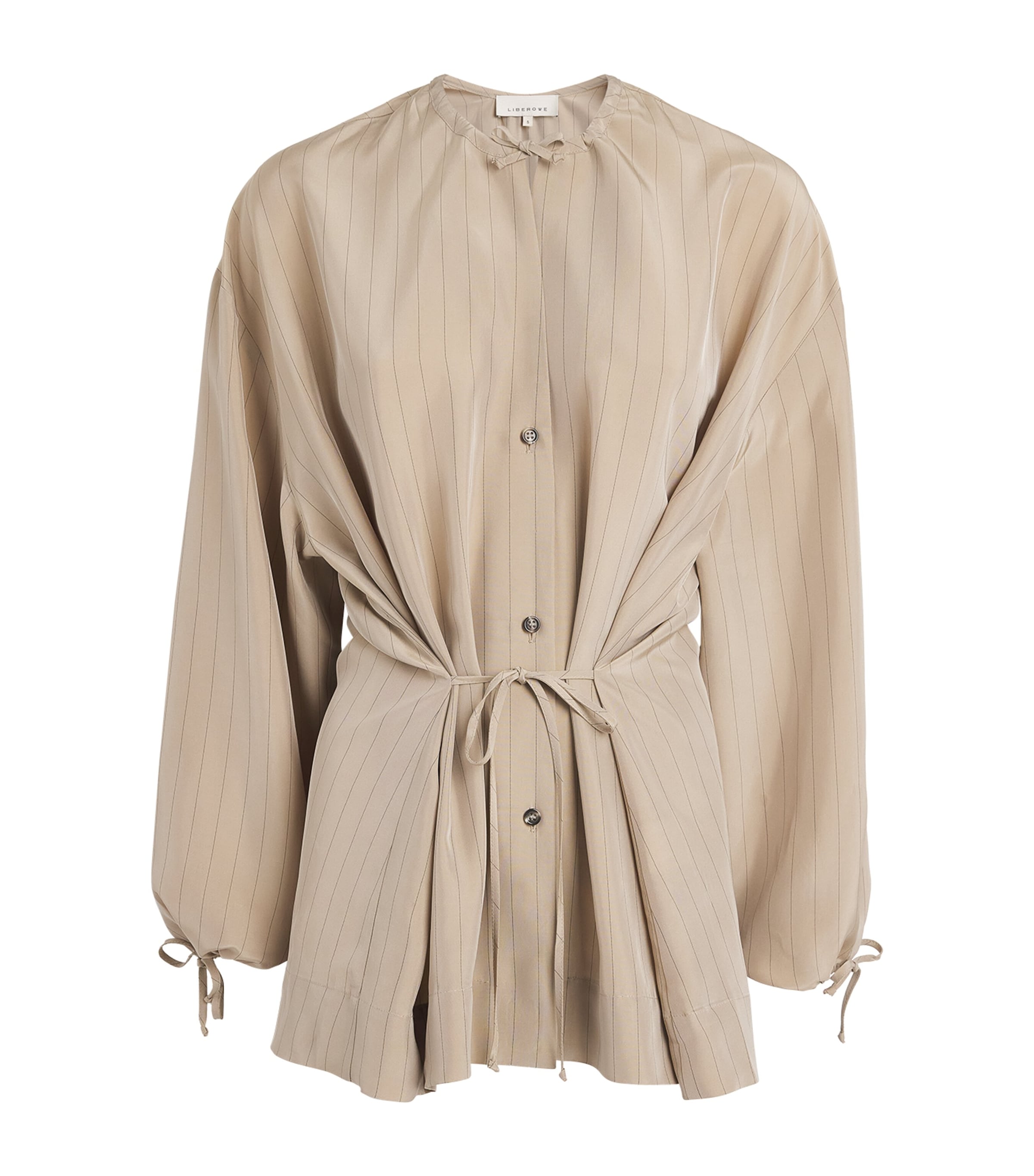 Liberowe Womens Pinstripe Ellis Tie Shirt Beige Pinstripe