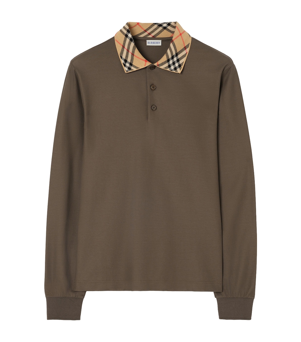 Burberry Mens Cotton Check-Collar Long-Sleeve Polo Shirt Sepia Brown