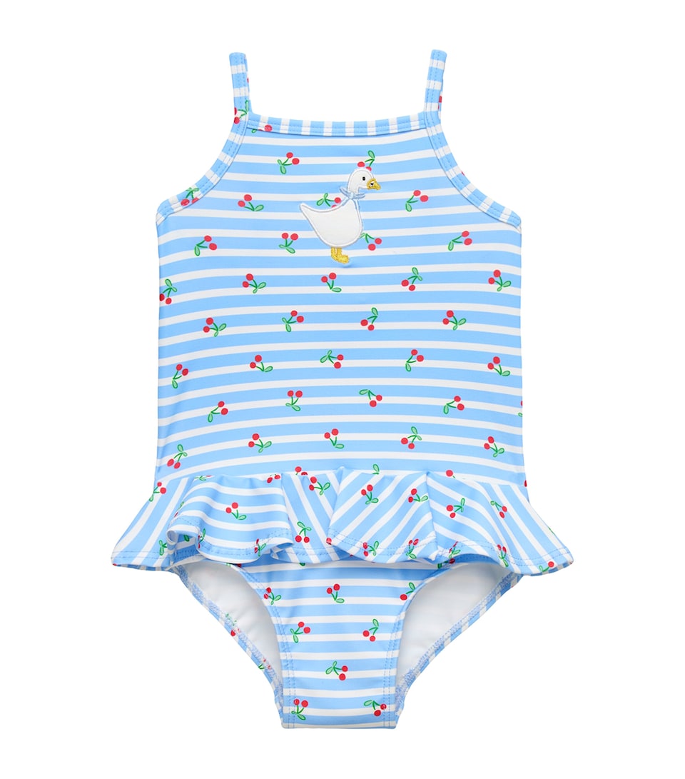 Trotters Cherry Duck Stripe Swimsuit (3-24 Months) Blue Cherry Stripe