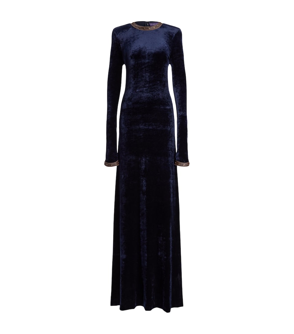 Ralph Lauren Collection Womens Velour Leather-Trim Nancie Maxi Dress Evening Blue