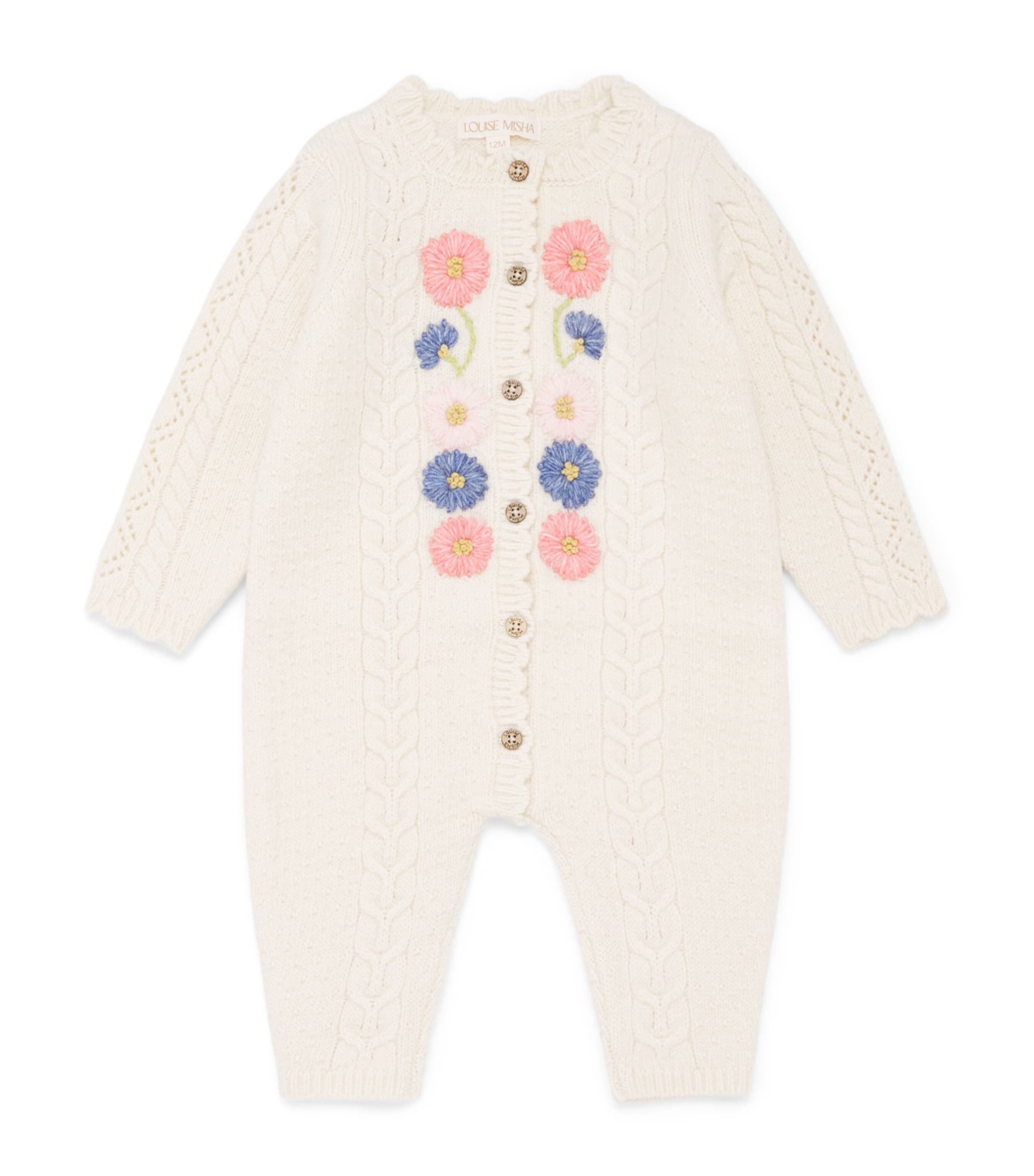 Louise Misha Knitted Floral Drillia Playsuit (3-24 Months) Cream