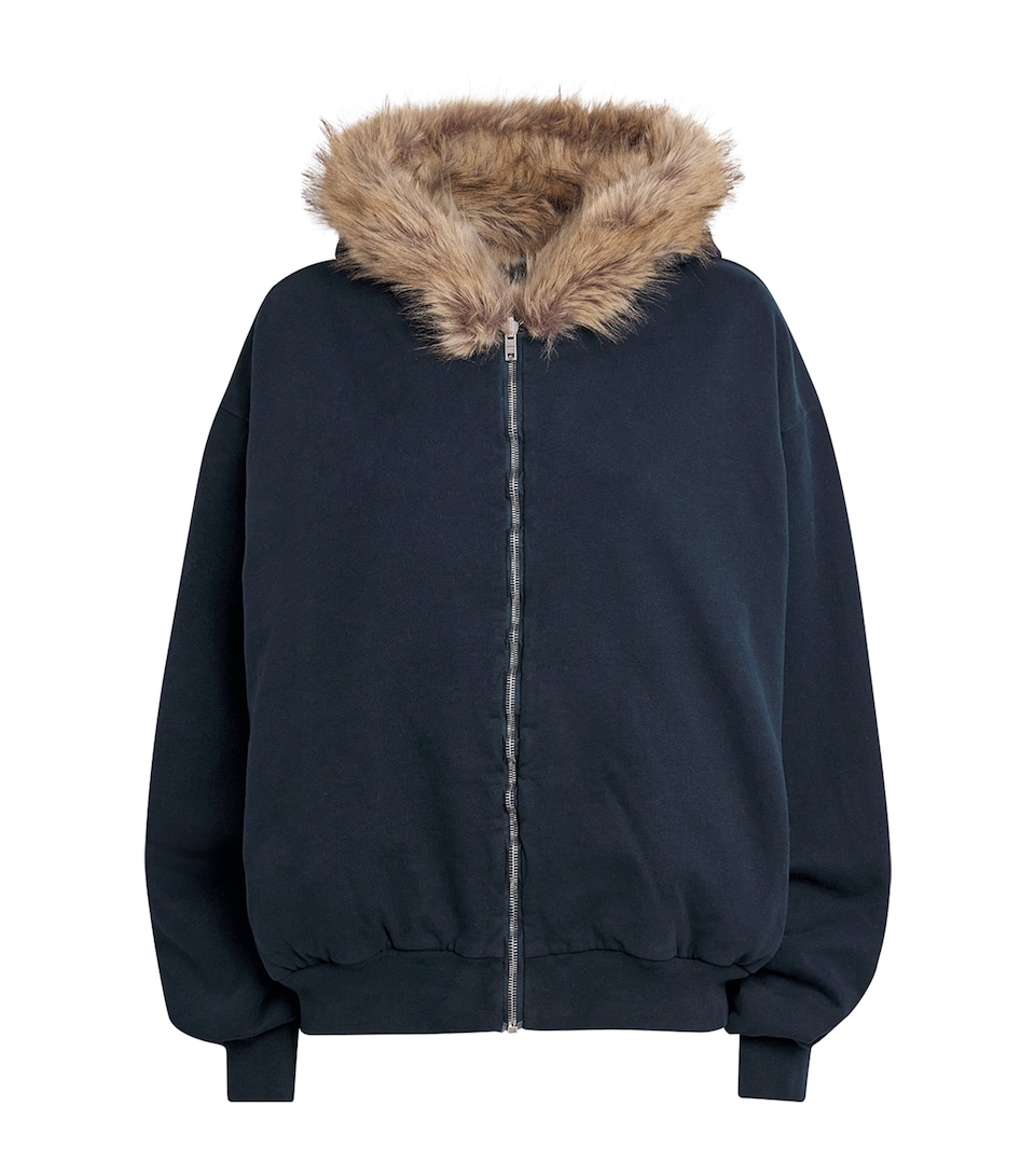 Acne Studios Womens Cotton Faux-Fur Collar Hoodie Dark Navy