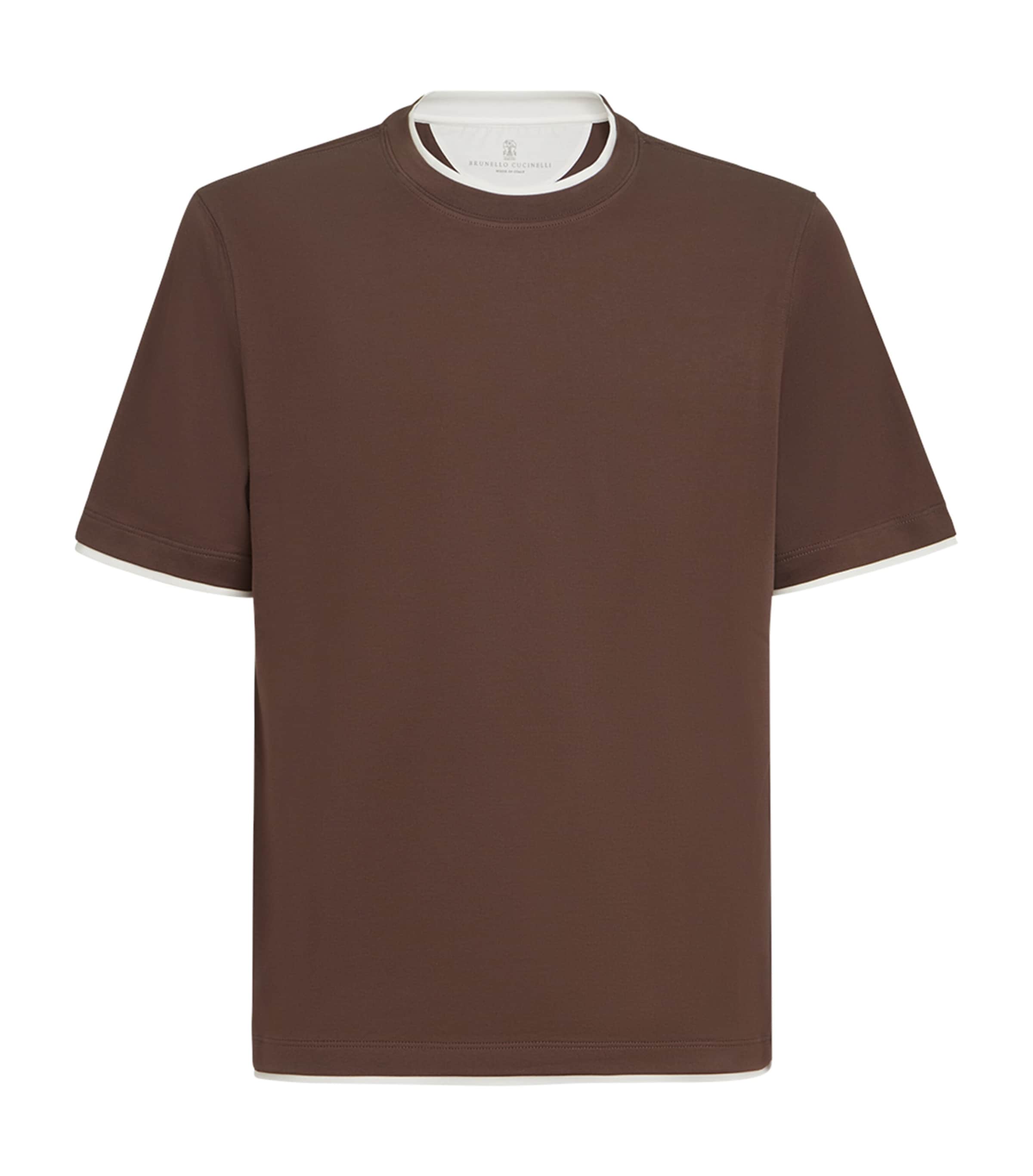 Brunello Cucinelli Mens Cotton Faux-Layered T-Shirt Brown+white