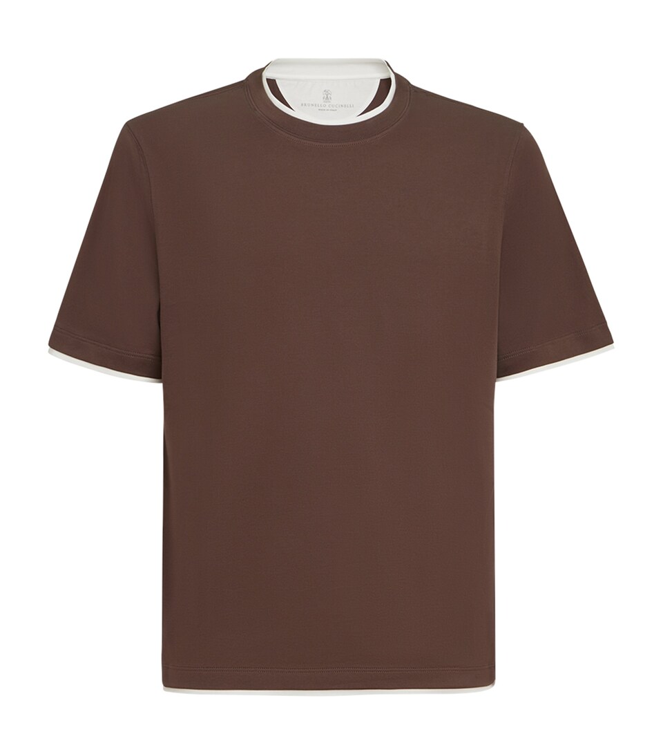 Brunello Cucinelli Mens Cotton Faux-Layered T-Shirt Brown+white