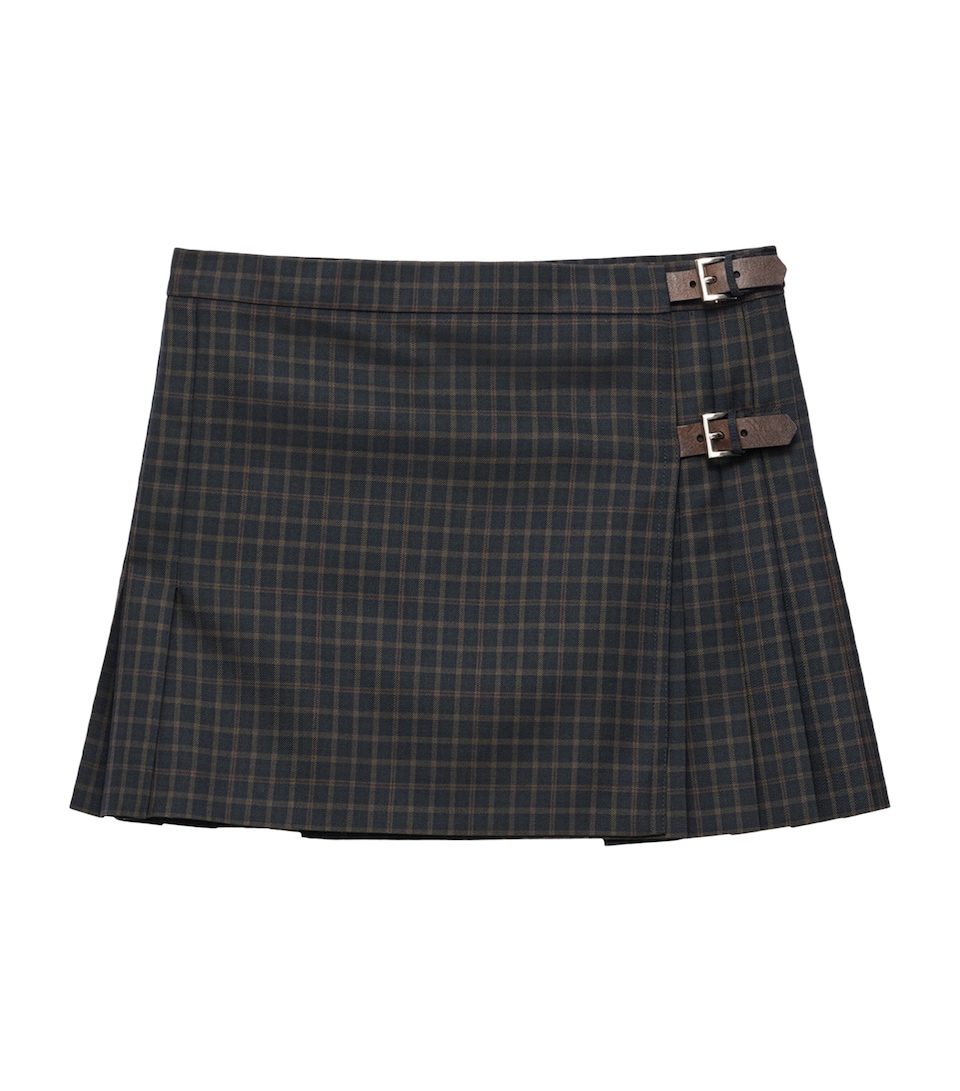 Prada Womens Wool-Blend Check Mini Skirt Blue