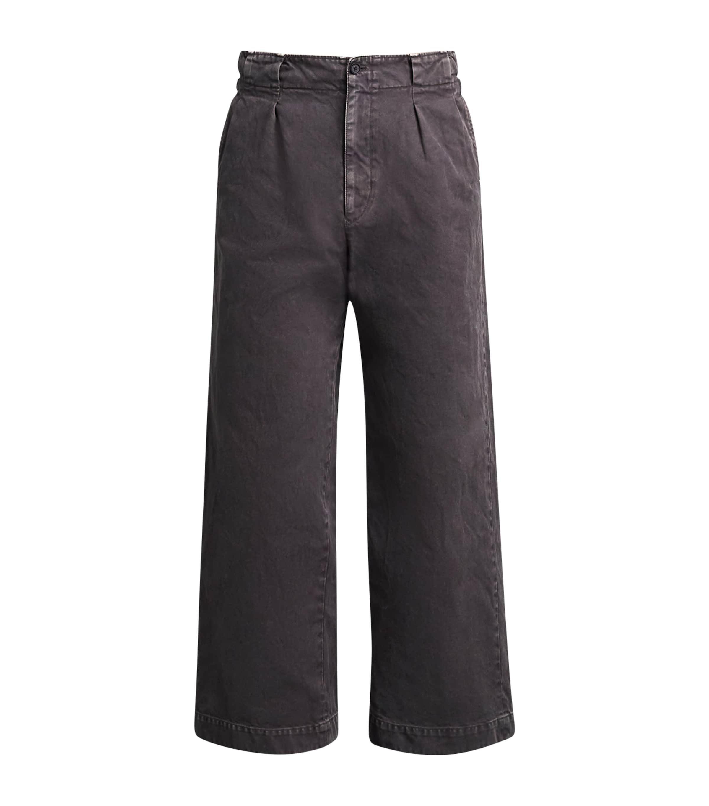 YOKE Mens Cotton Pleated Wide-Leg Trousers Charcol Brown