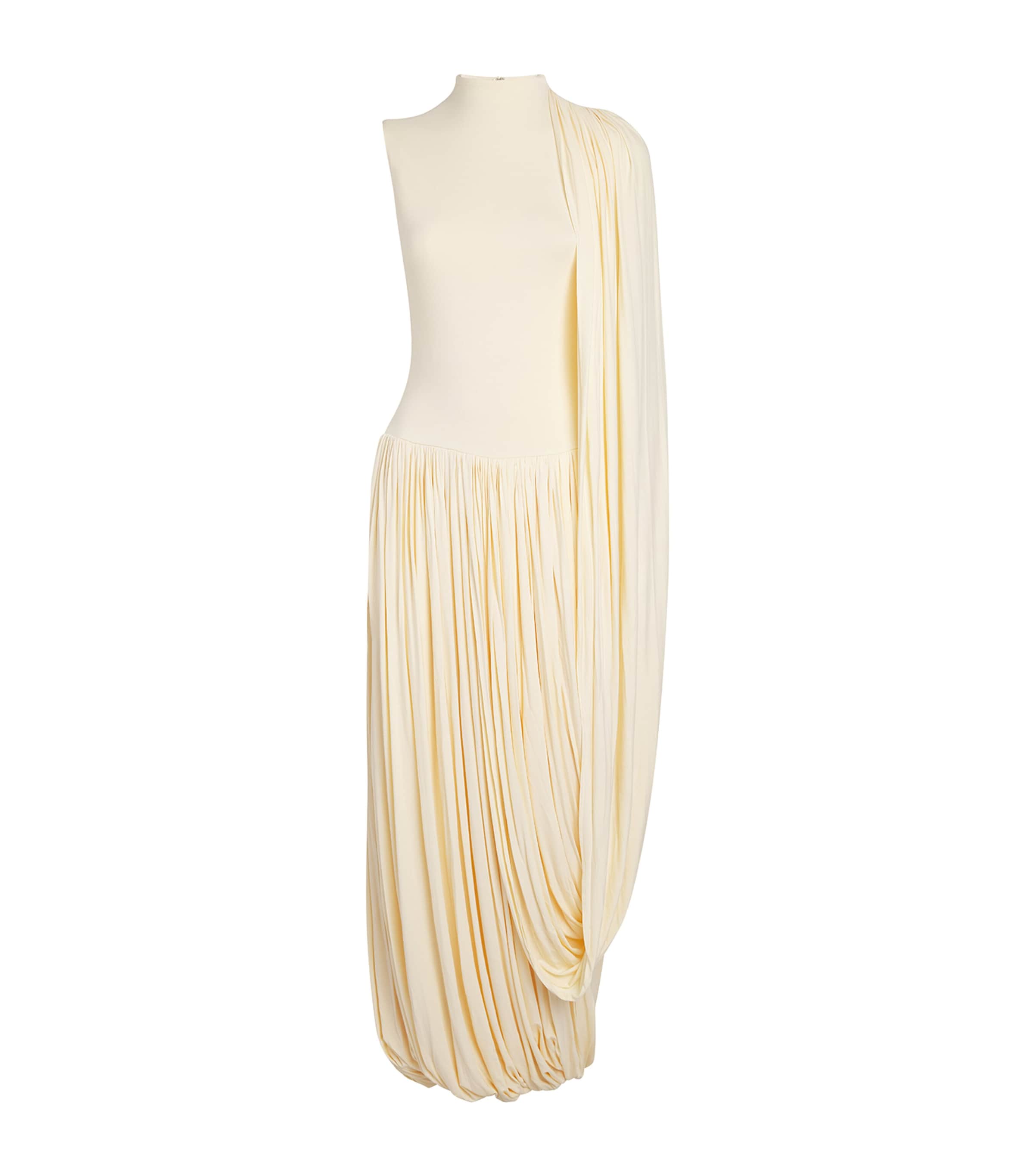 Abadia Womens High-Neck Draped Midi Dress Cream