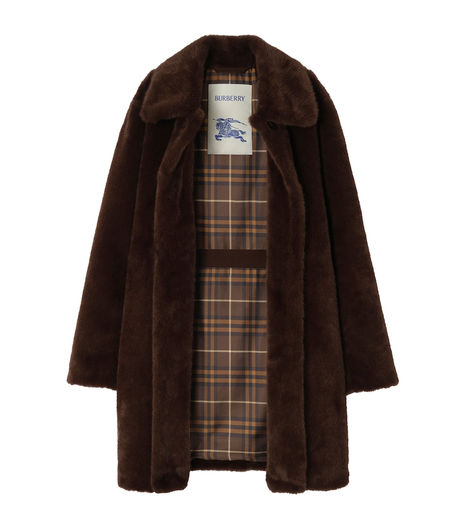 Burberry Womens Faux Fur Belted Car Coat Chocolate Brown