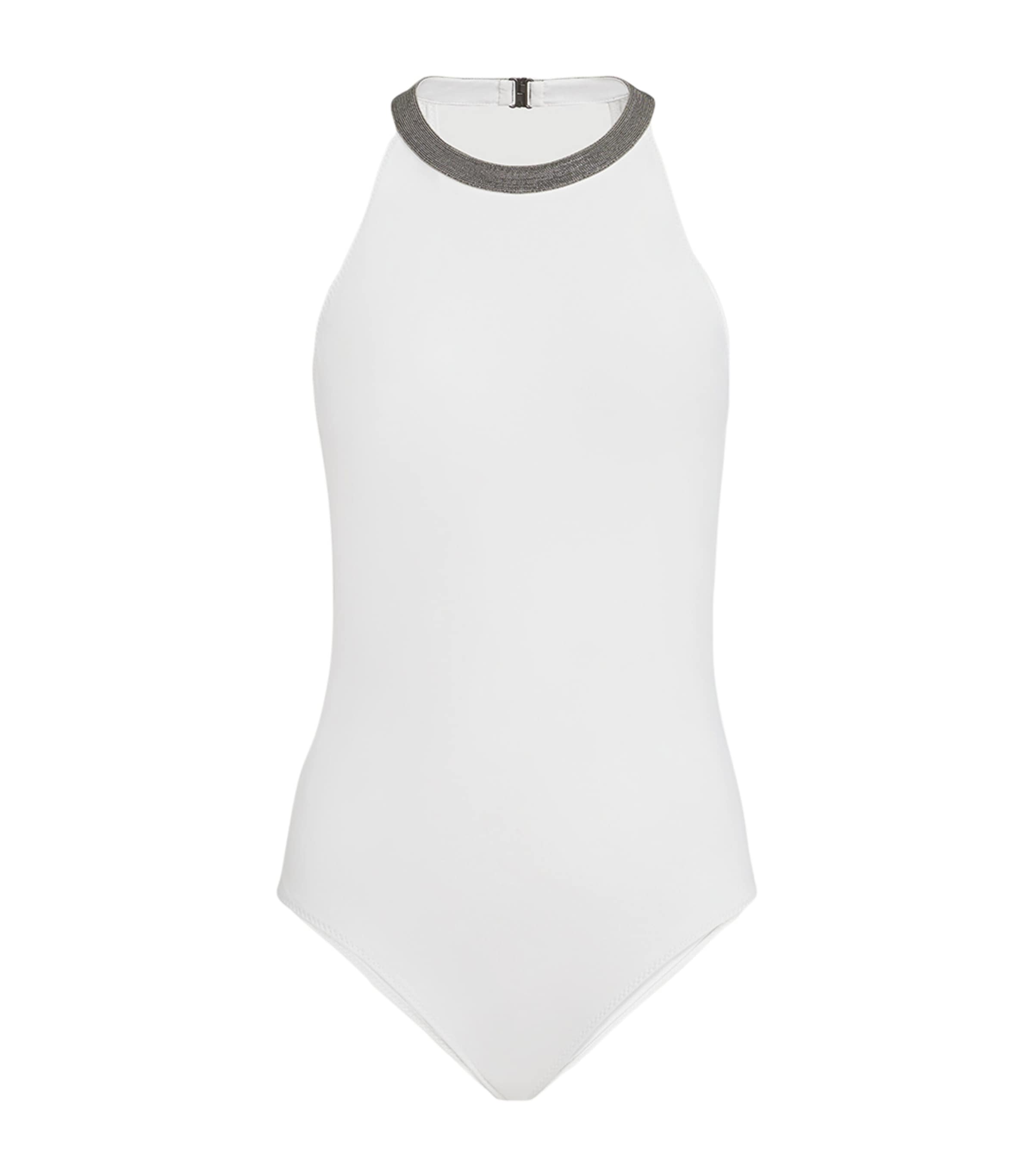 Brunello Cucinelli Womens Precious Monili Halterneck Swimsuit White