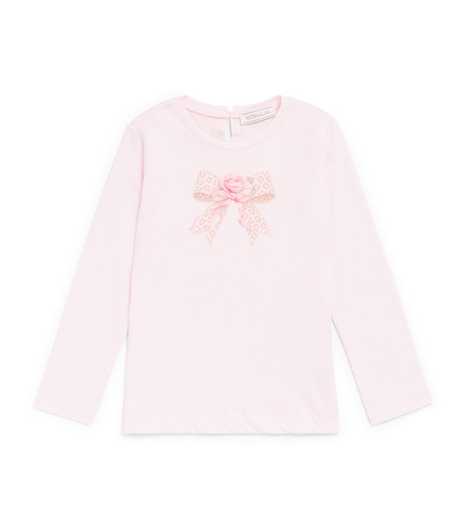 Monnalisa Cotton Bow Print T-Shirt (6 Months-6 Years) Rosa Antico