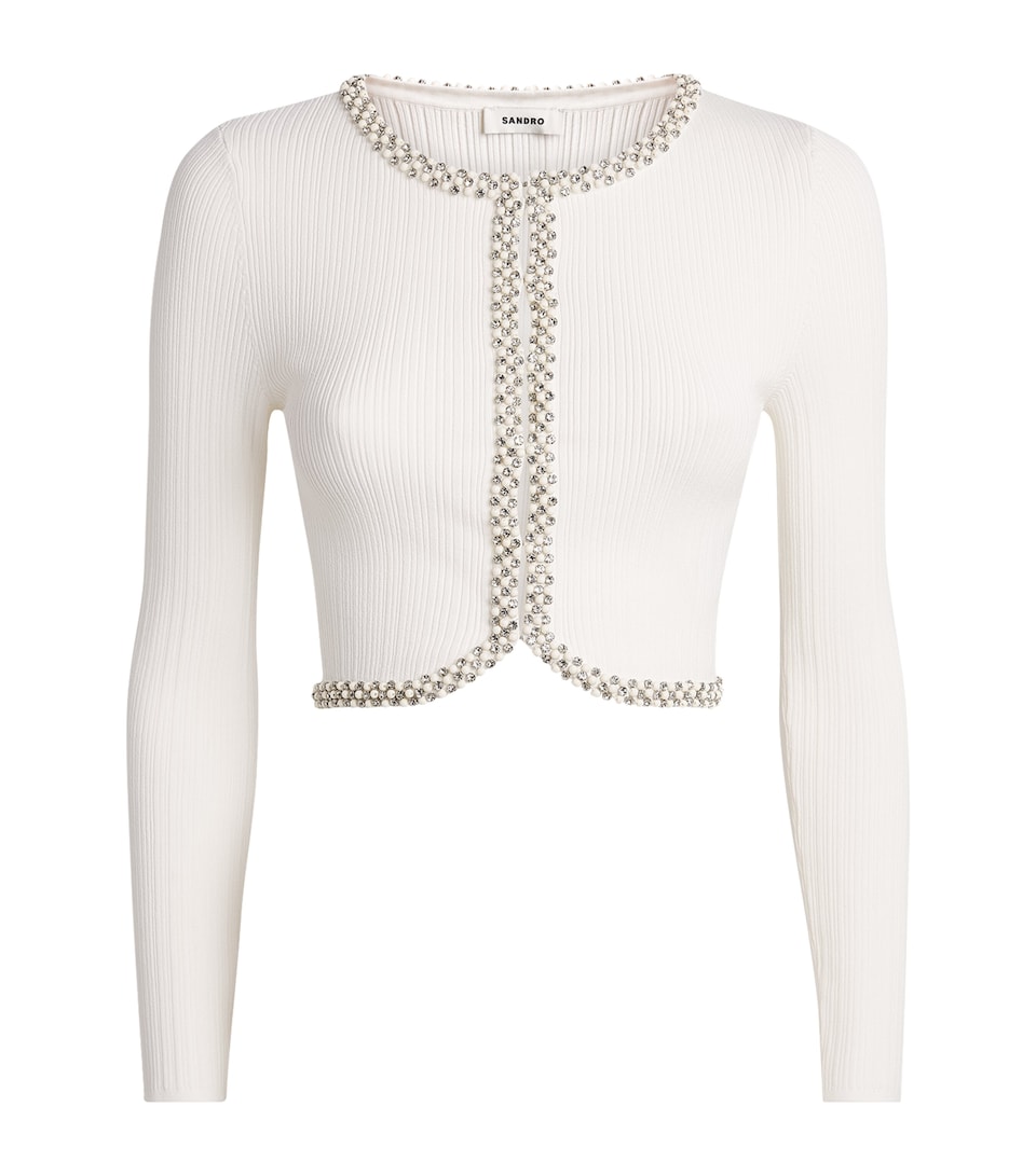 Sandro Paris Womens Ribbed Embellished Cardigan White