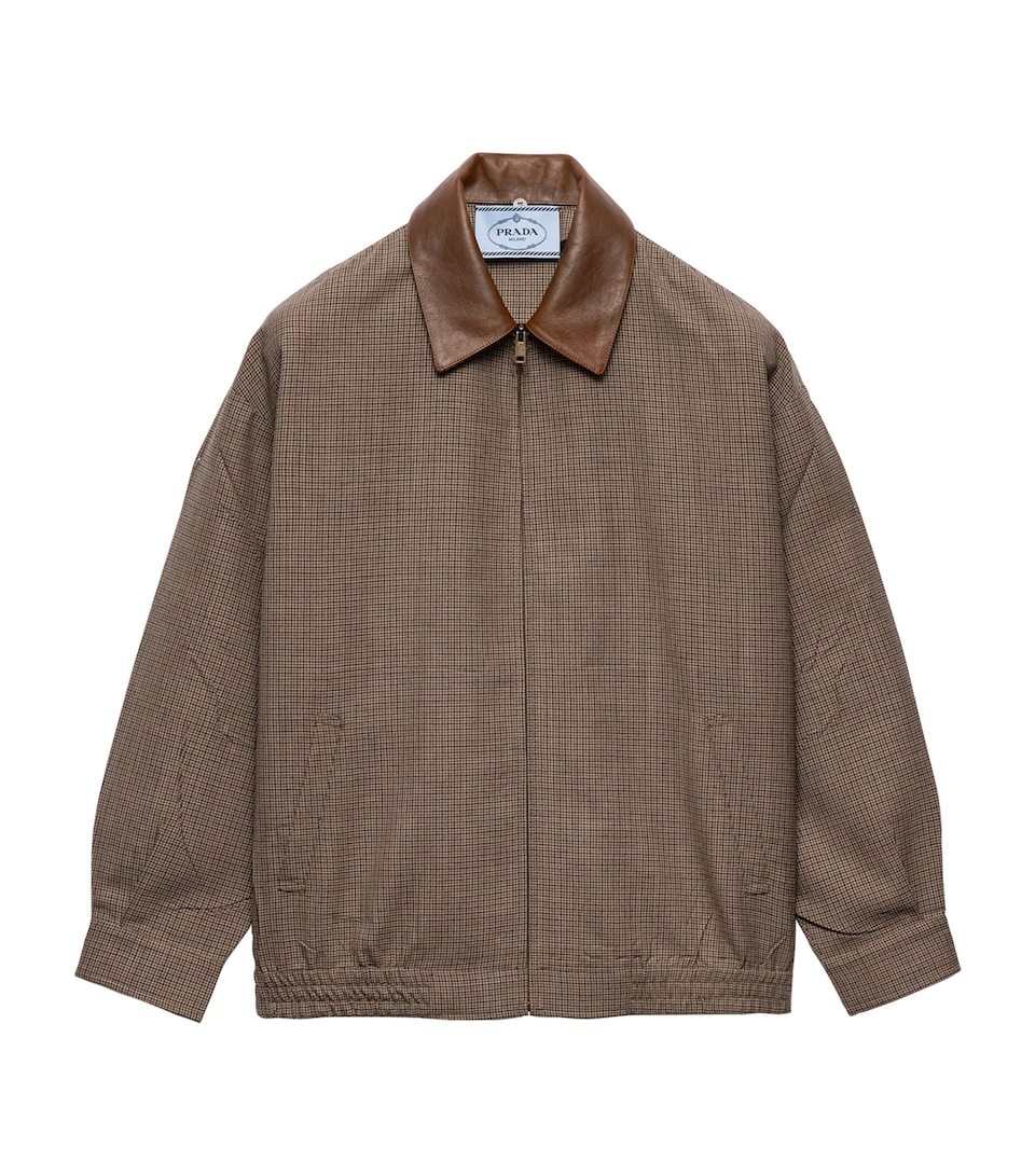 Prada Womens Wool Houndstooth Leather-Collar Jacket Brown