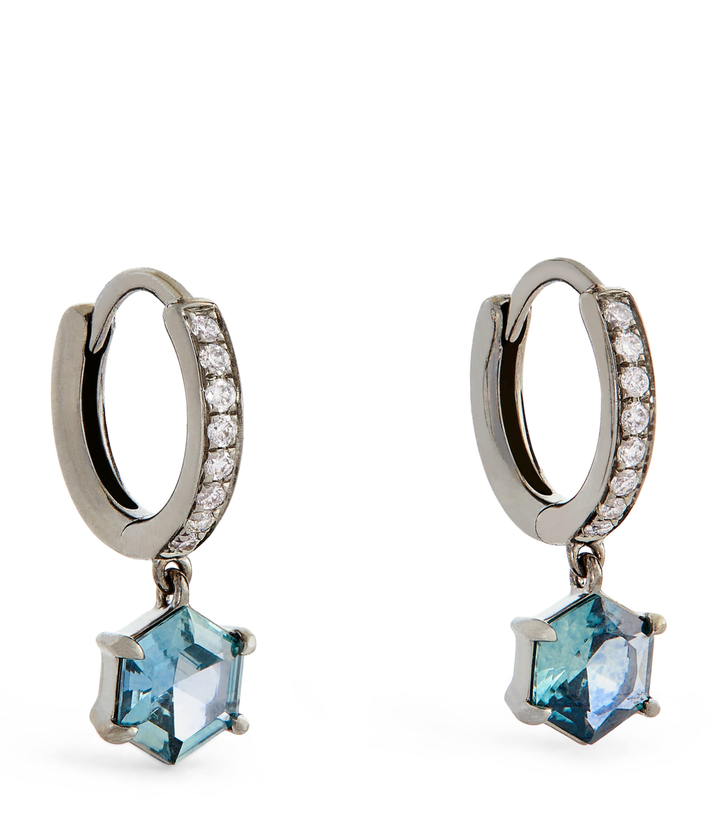 Blackened White Gold, Diamond and Sapphire Offset Hoop Earrings