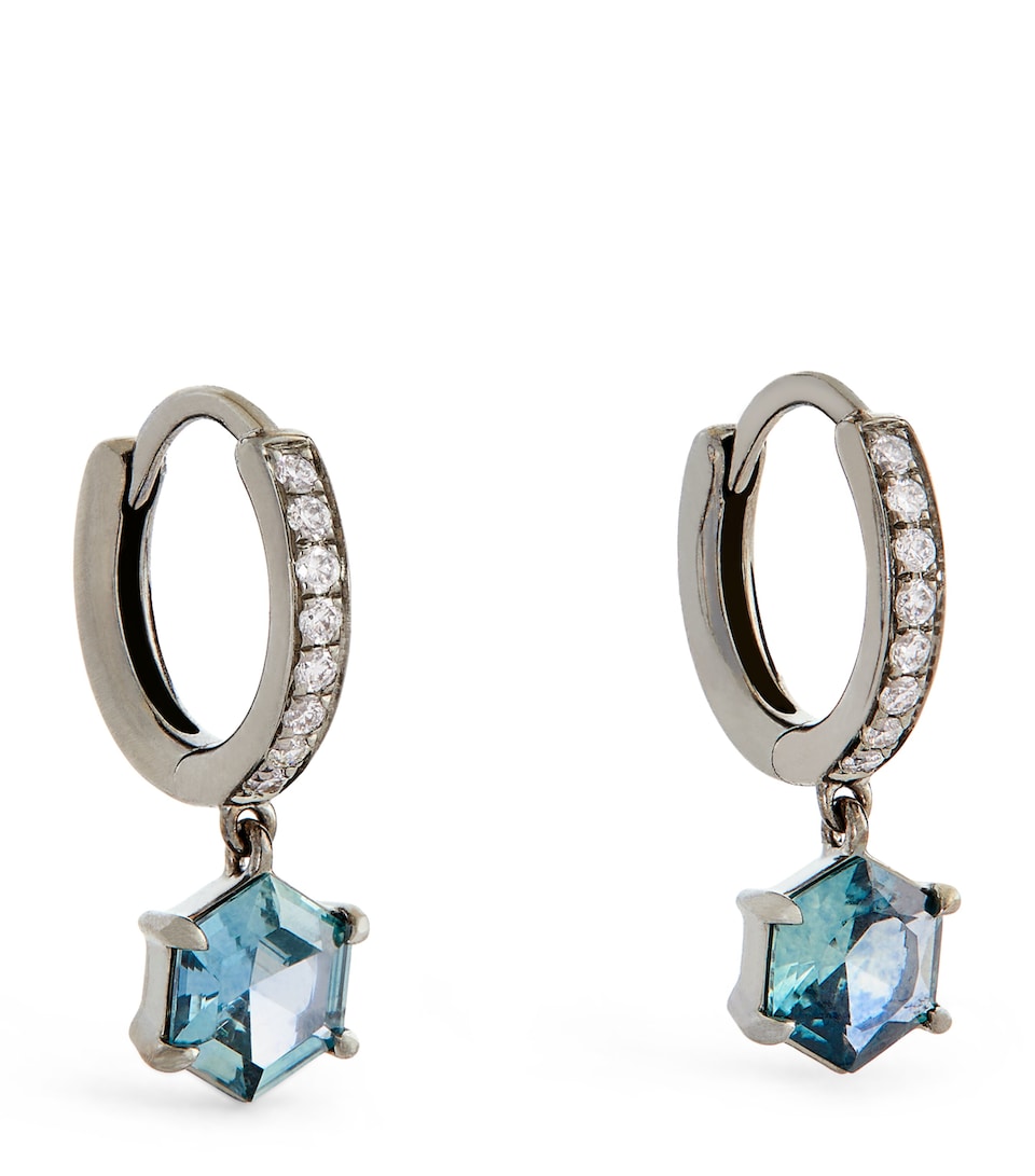 Blackened White Gold, Diamond and Sapphire Offset Hoop Earrings