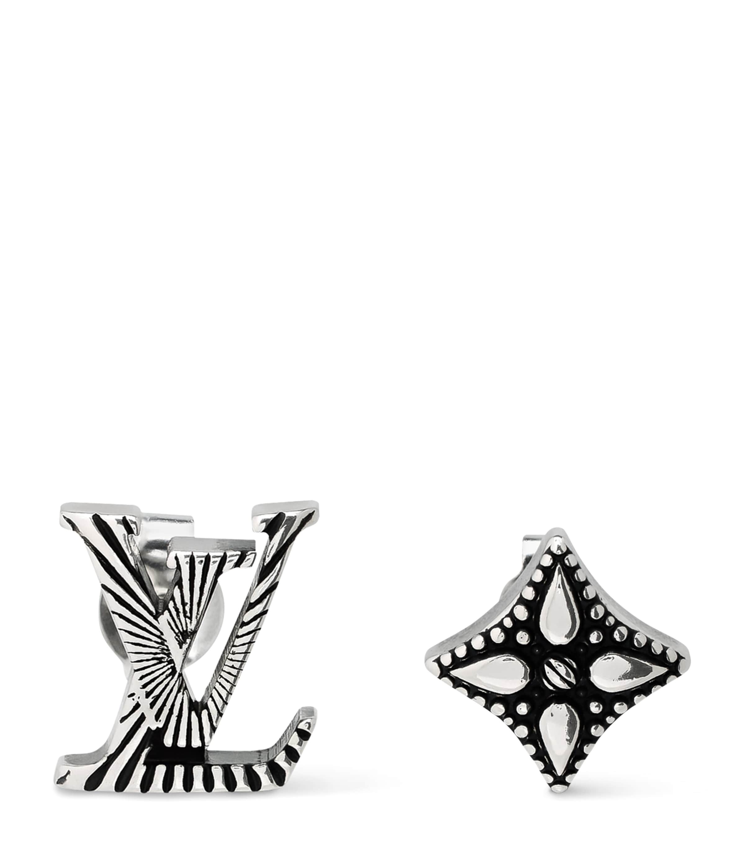 LOUIS VUITTON Sterling Silver LV Whisper Stud Earrings Silver/black