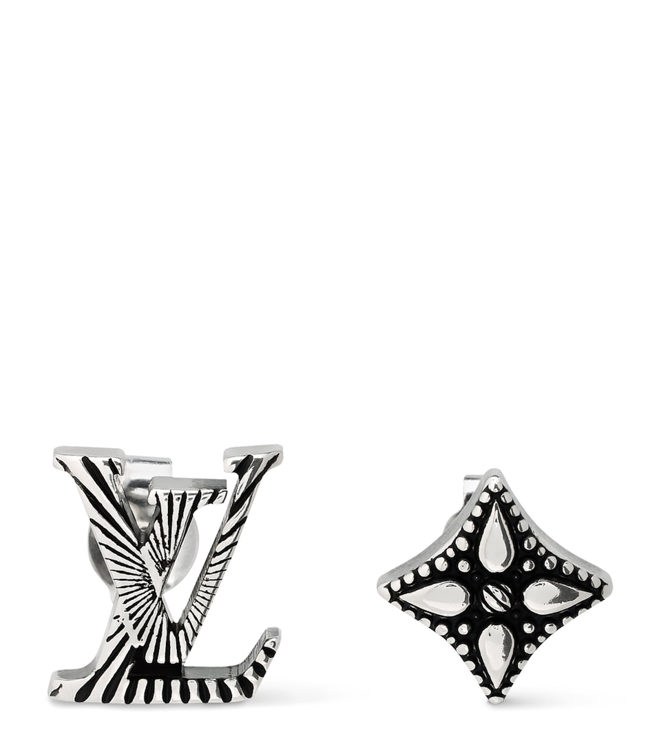LOUIS VUITTON Sterling Silver LV Whisper Stud Earrings Silver/black