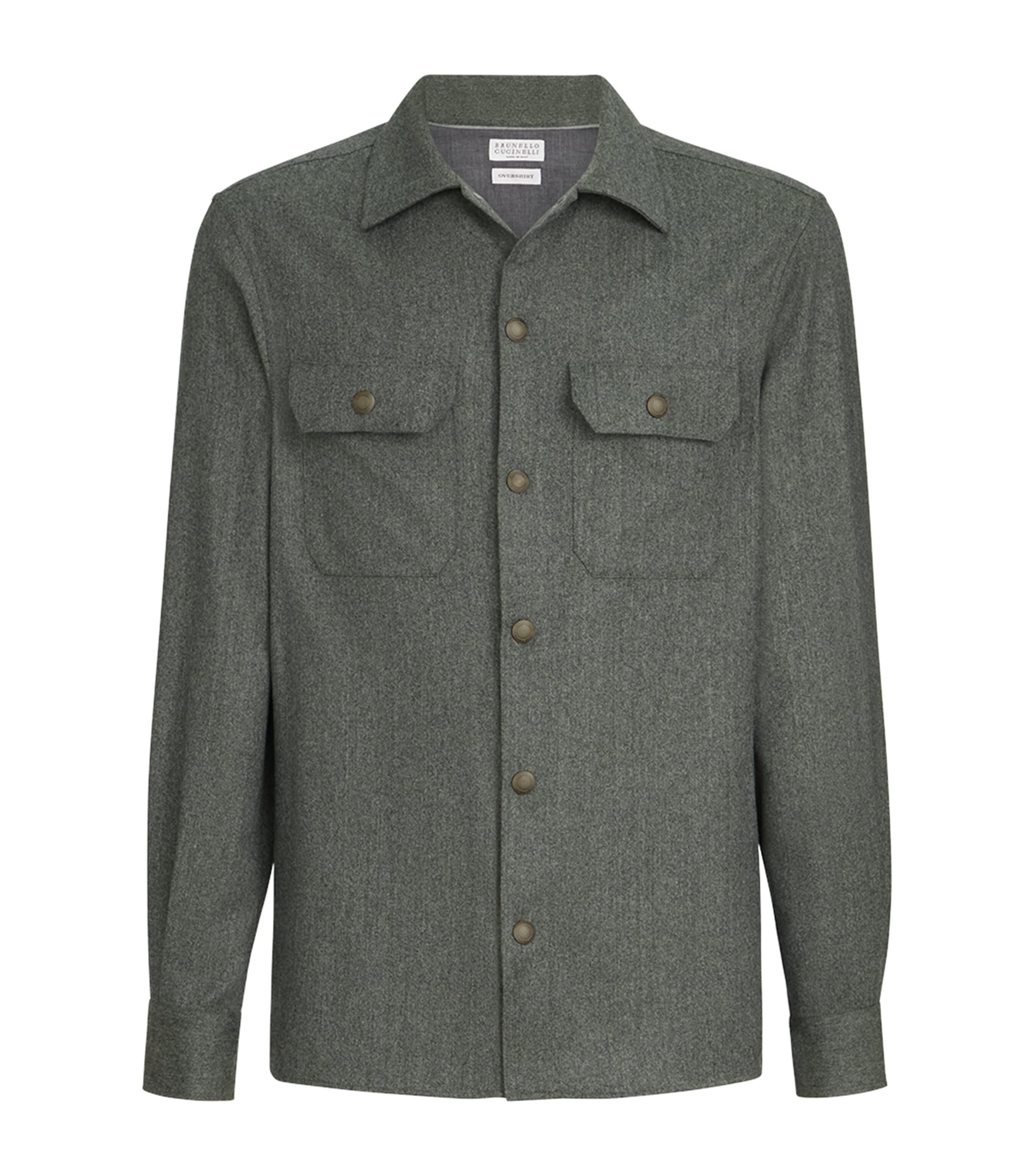 Brunello Cucinelli Mens Virgin Wool Flannel Overshirt Bosco