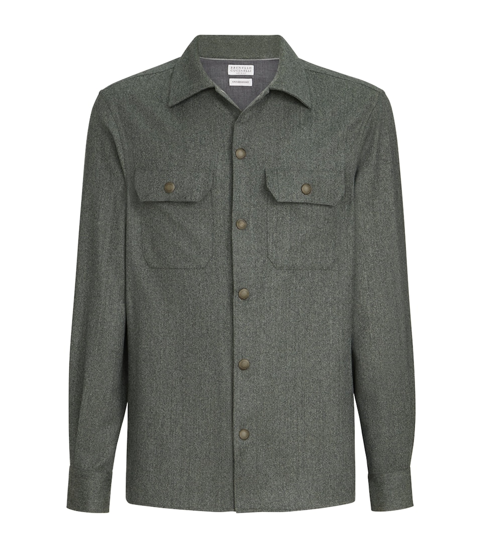 Brunello Cucinelli Mens Virgin Wool Flannel Overshirt Bosco