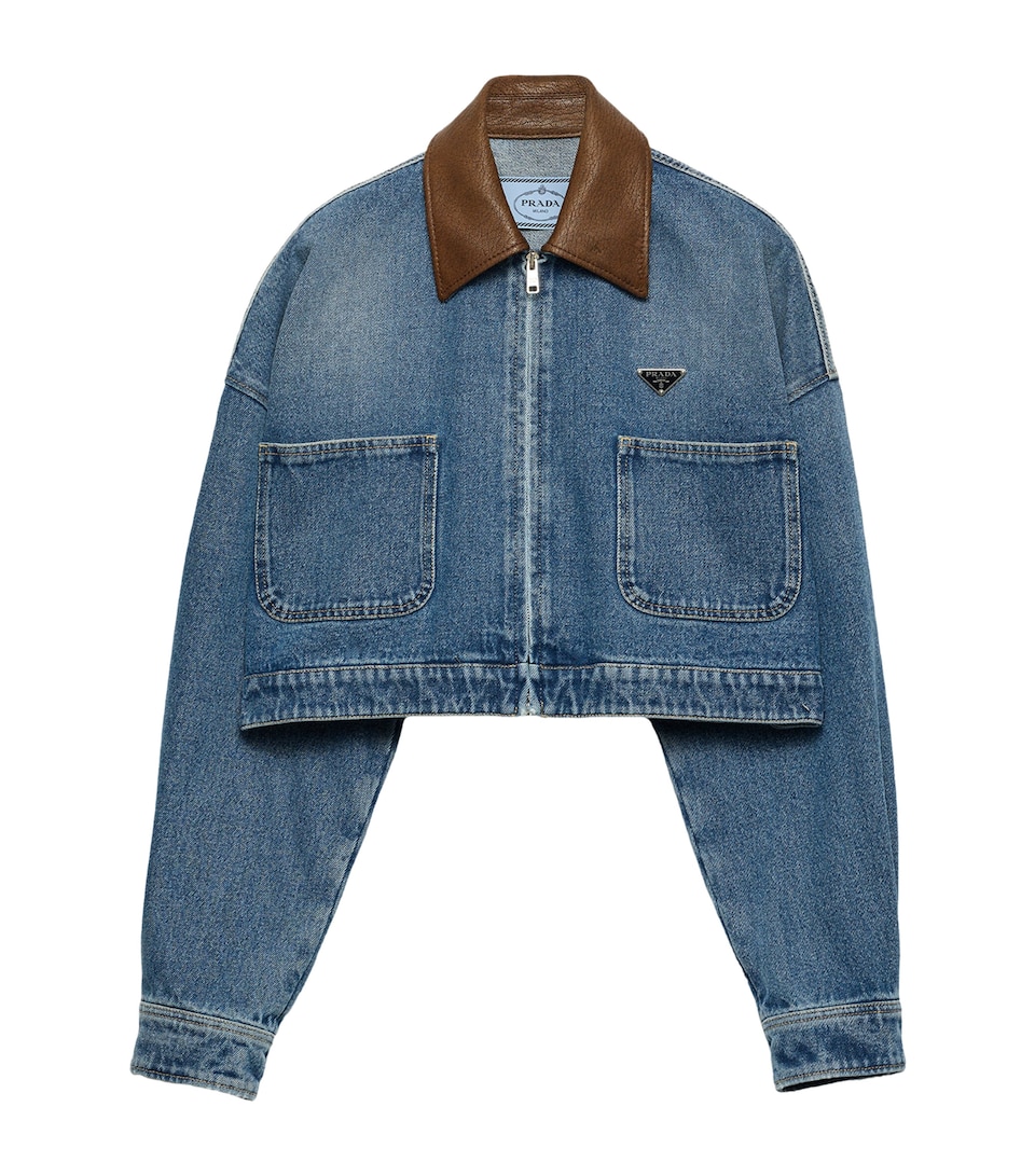 Leather-Collar Cropped Denim Jacket