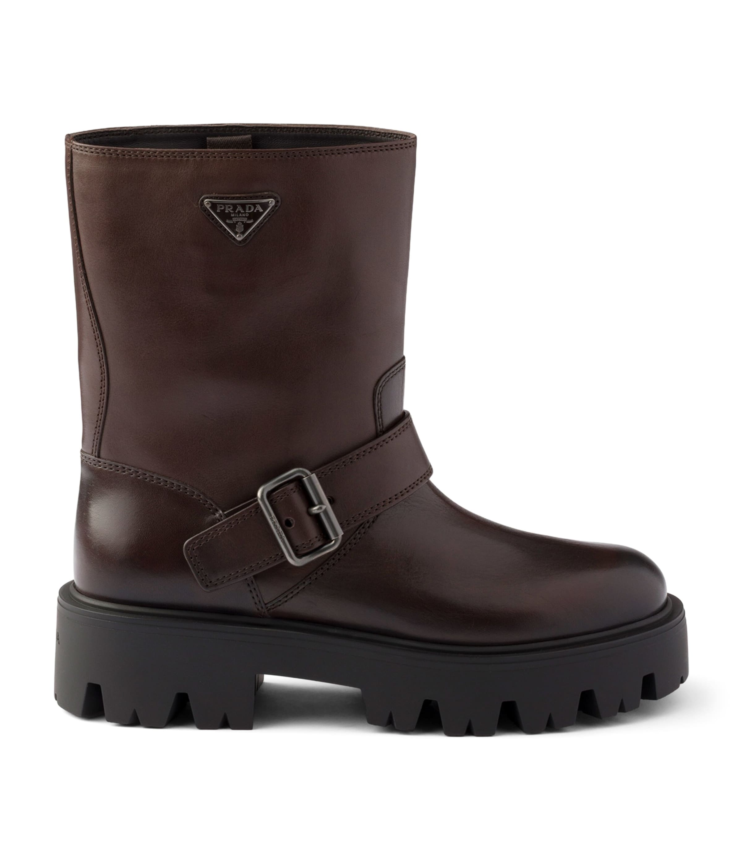 Prada Leather Biker Boots Brown