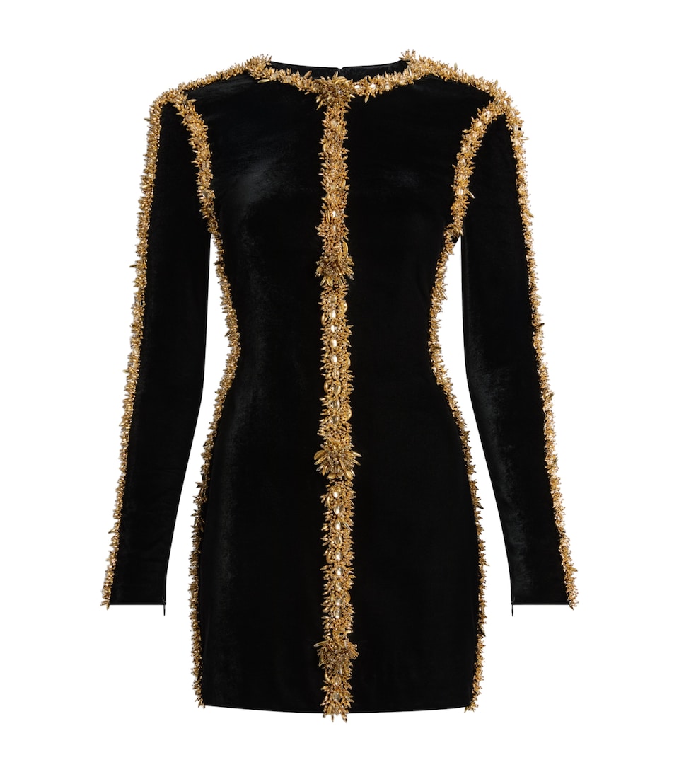 Balmain Womens Velvet Beaded-Trim Mini Dress Ead Noir Or