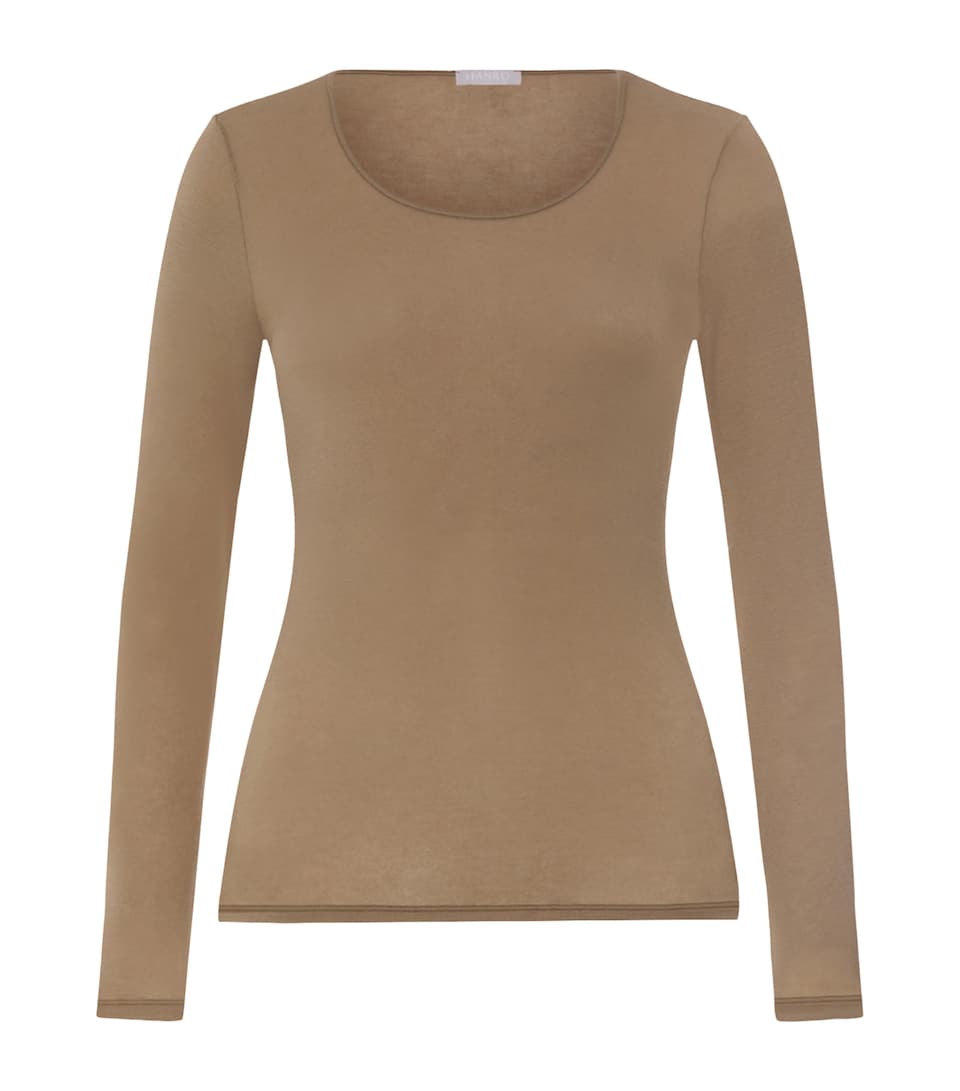 Hanro Womens Ultralight Long-Sleeve T-Shirt Suede Camel