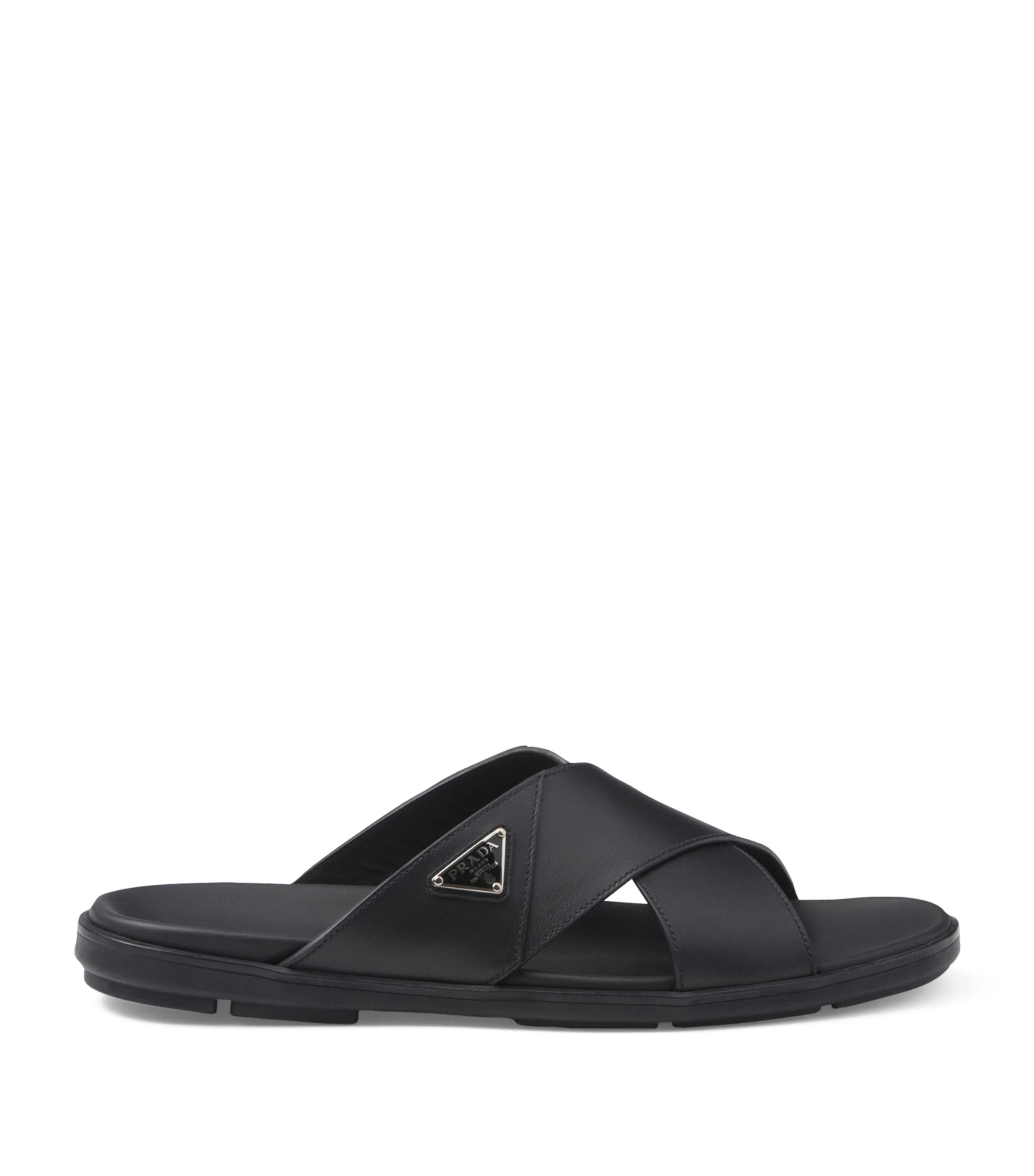 Prada Leather Crisscross Logo Slides