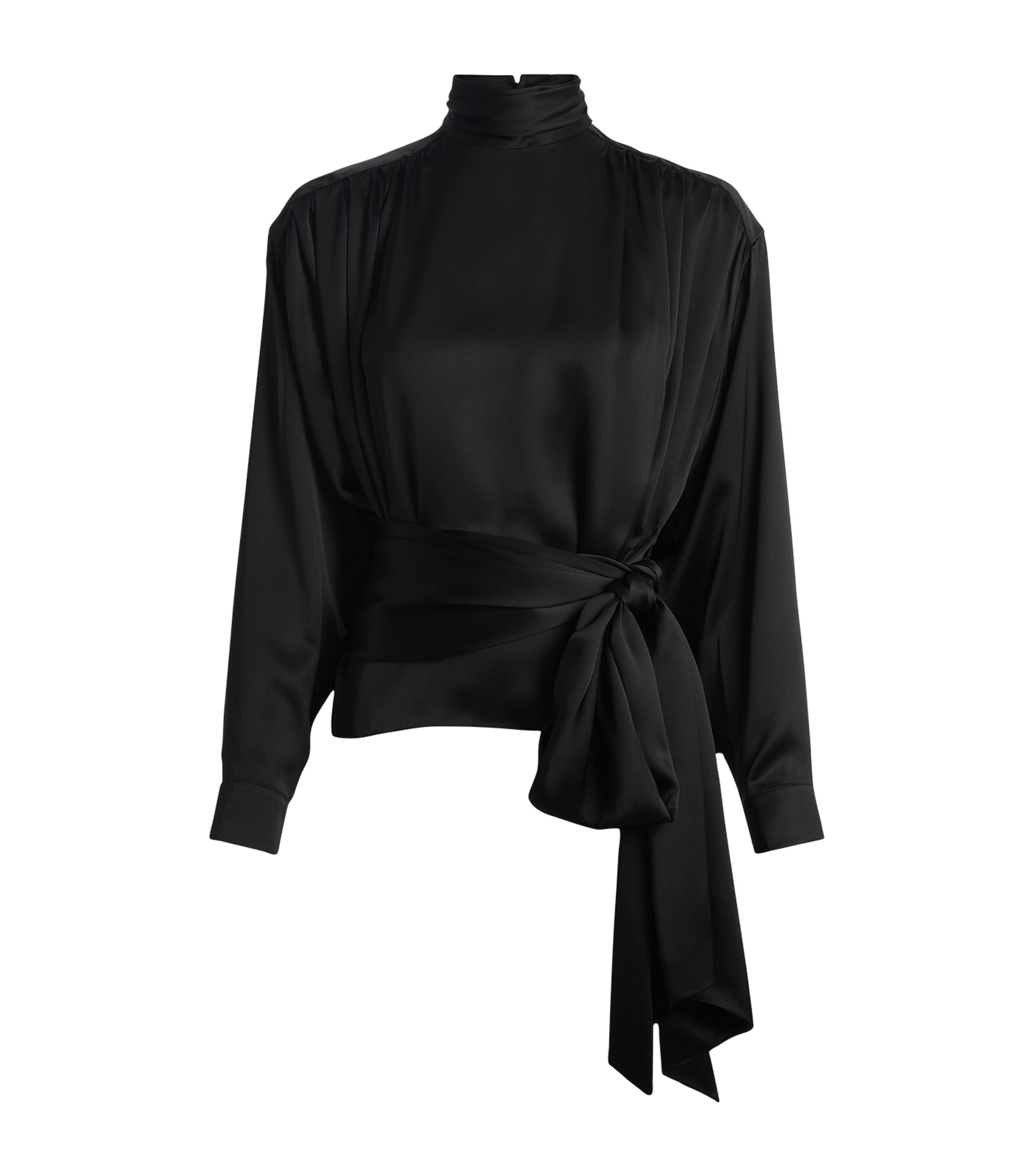 Balmain Womens Silk Satin Tie-Neck Blouse Noir